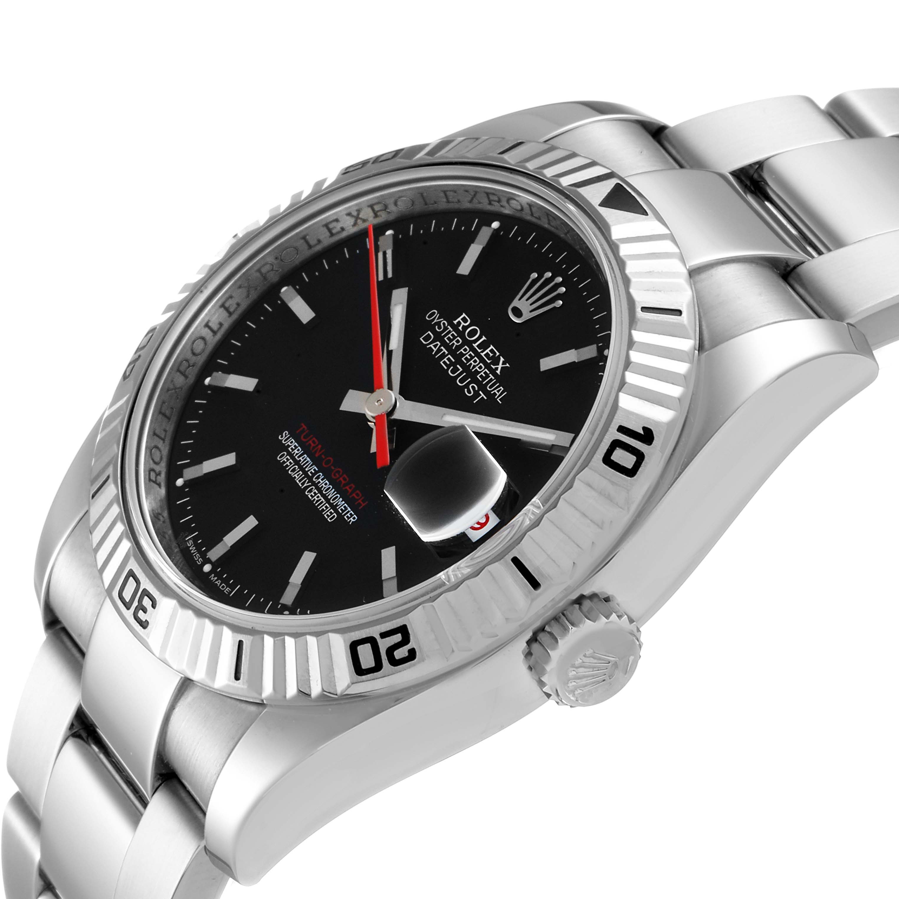 The image shows a side view of the Rolex Turn-o-Graph 116264 Men
s Stainless Steel Black Dial 116264 Men
s Stainless Steel Black Dial, highlighting the dial, bezel, crown, and part of the bracelet.