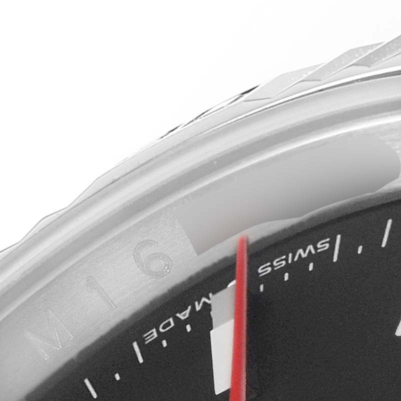 This close-up image of the Rolex Turn-o-Graph 116264 Men
s Stainless Steel Black Dial 116264 Men
s Stainless Steel Black Dial watch shows part of the bezel, dial, and seconds hand.
