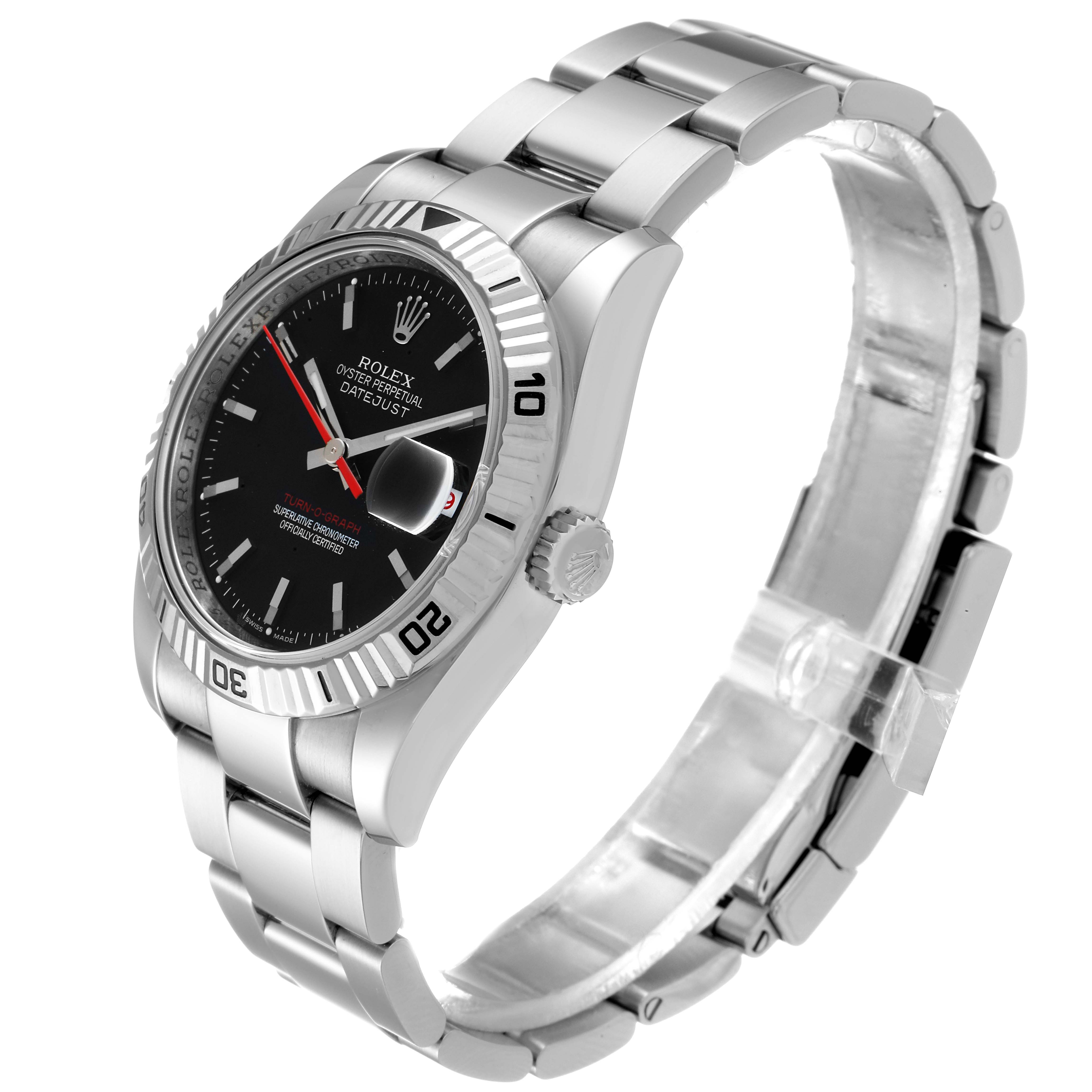 The Rolex Turn-o-Graph 116264 Men
s Stainless Steel Black Dial 116264 Men
s Stainless Steel Black Dial watch is shown at an angled view, highlighting the bezel, dial, bracelet, and crown.