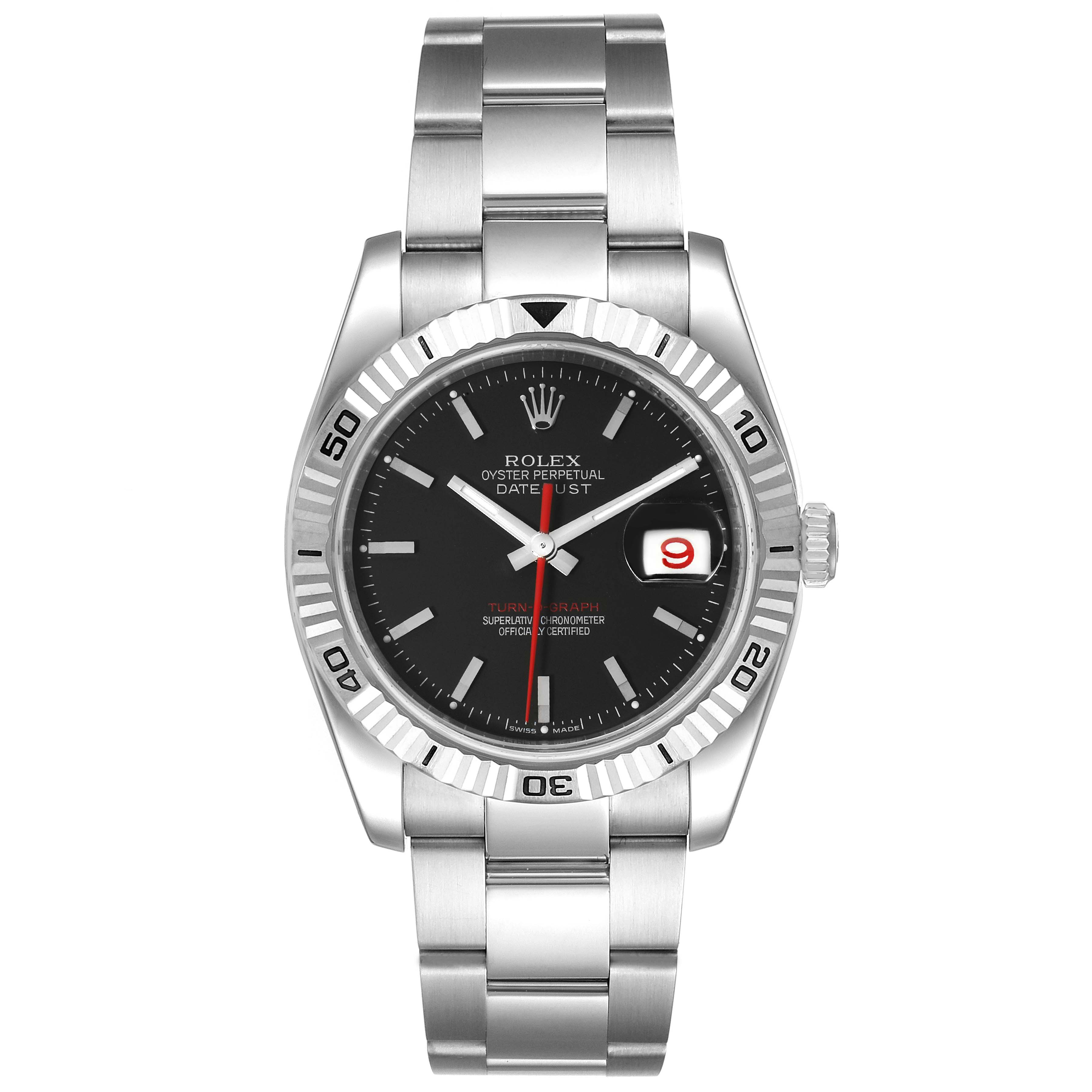 This image shows a front view of a Rolex Turn-o-Graph 116264 Men
s Stainless Steel Black Dial 116264 Men
s Stainless Steel Black Dial watch, including its face, bezel, and bracelet.