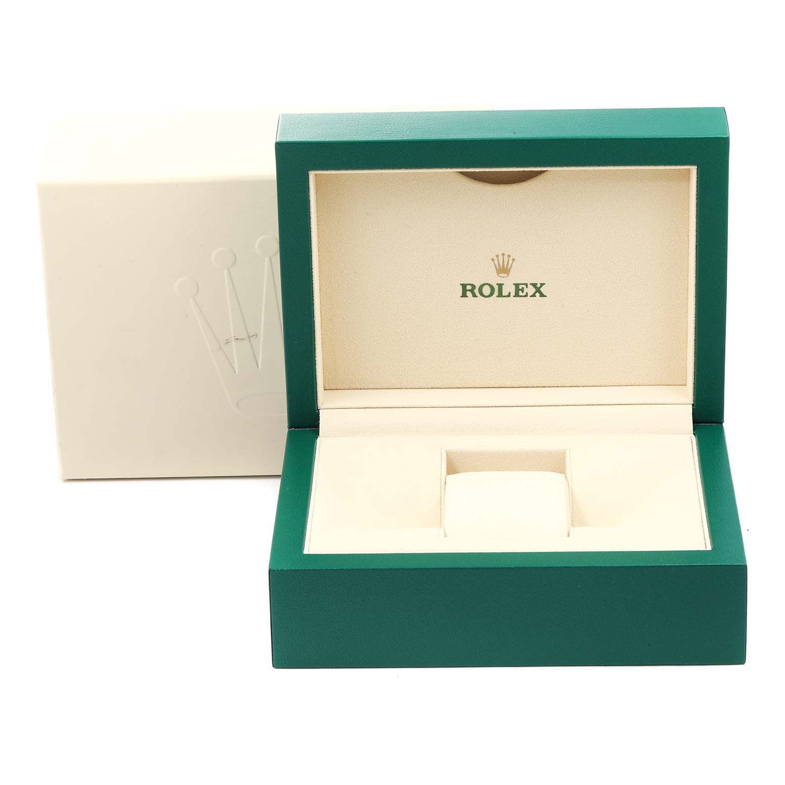 The image shows an open green and cream-colored Rolex box for the Turn-o-Graph model.