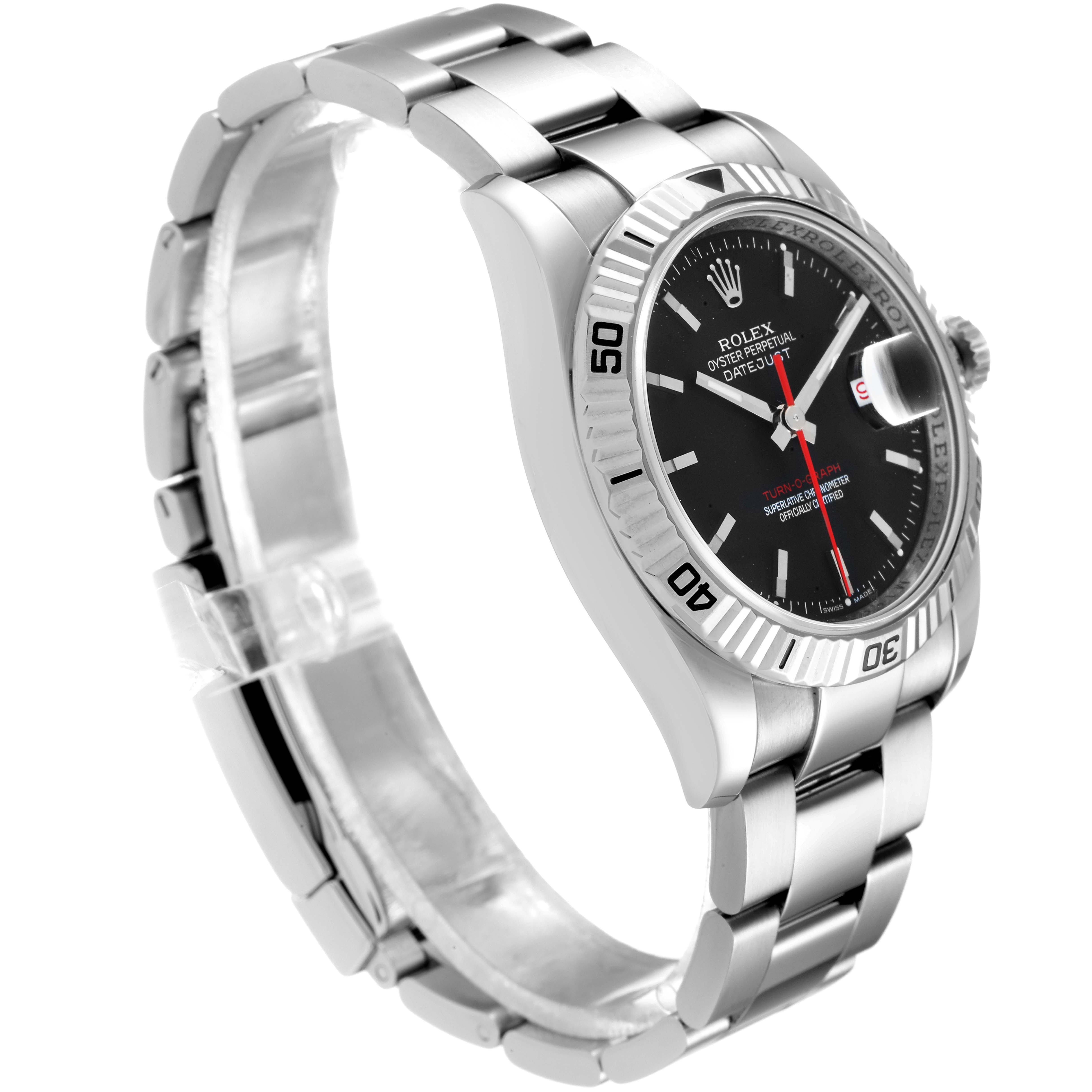 The Rolex Turn-o-Graph 116264 Men
s Stainless Steel Black Dial 116264 Men
s Stainless Steel Black Dial watch is shown at a three-quarter angle, highlighting its bezel, dial, and bracelet.
