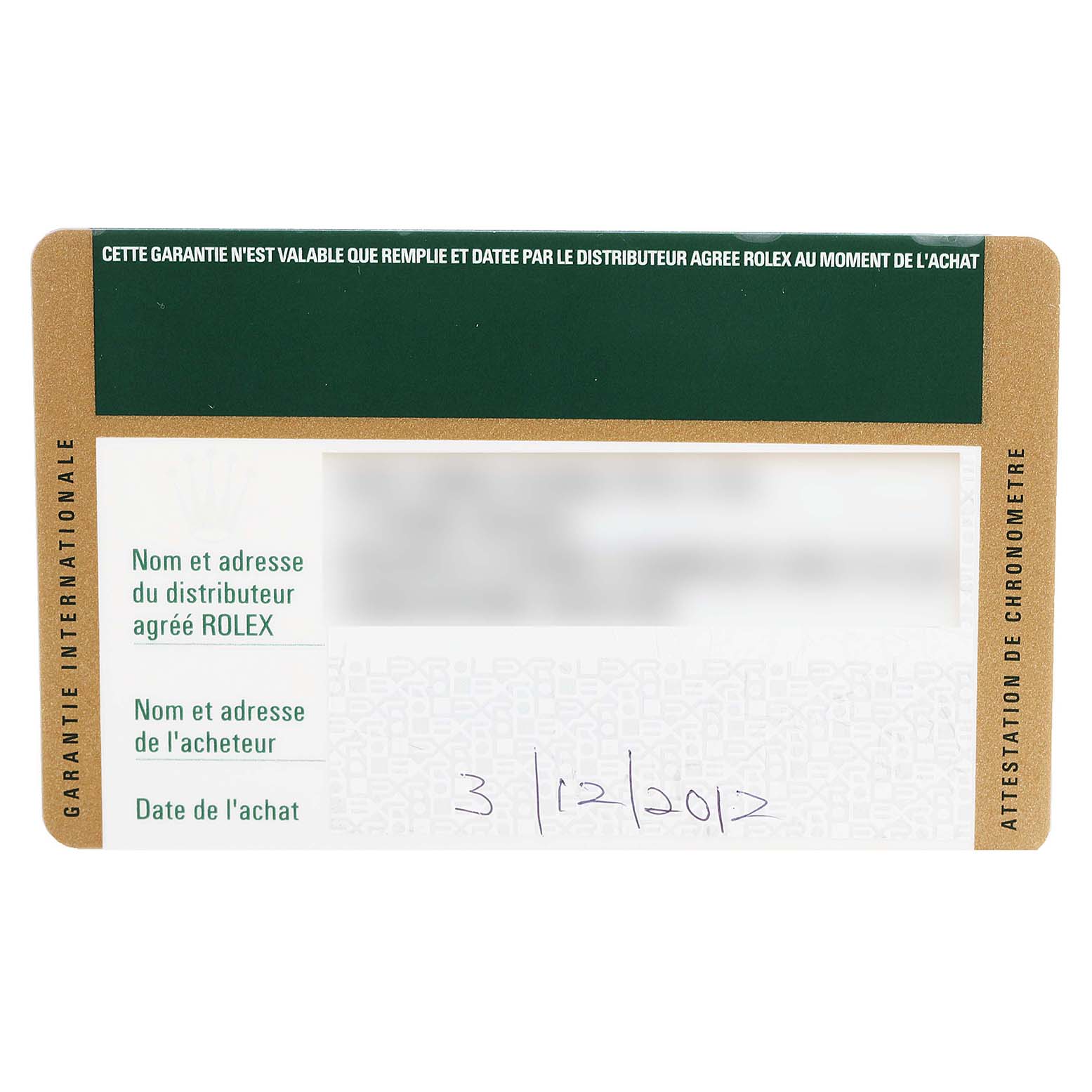 The image shows the international guarantee card for a Rolex Datejust 179174 Women's Stainless Steel Silver Dial 179174 Women's Stainless Steel Silver Dial watch.