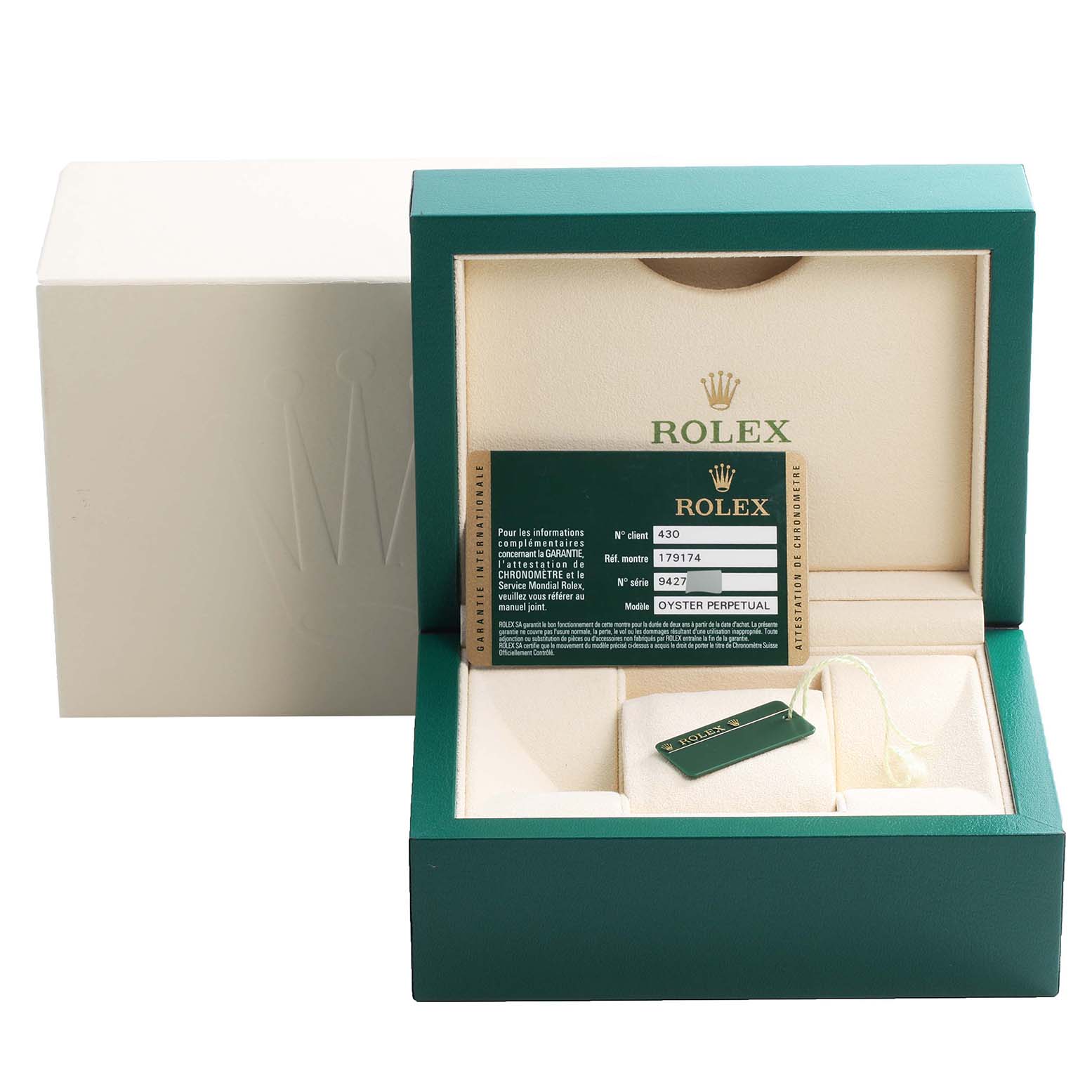 The image shows a Rolex Datejust 179174 Women's Stainless Steel Silver Dial 179174 Women's Stainless Steel Silver Dial watch box with its card, tag, and interior slots, viewed from the front.