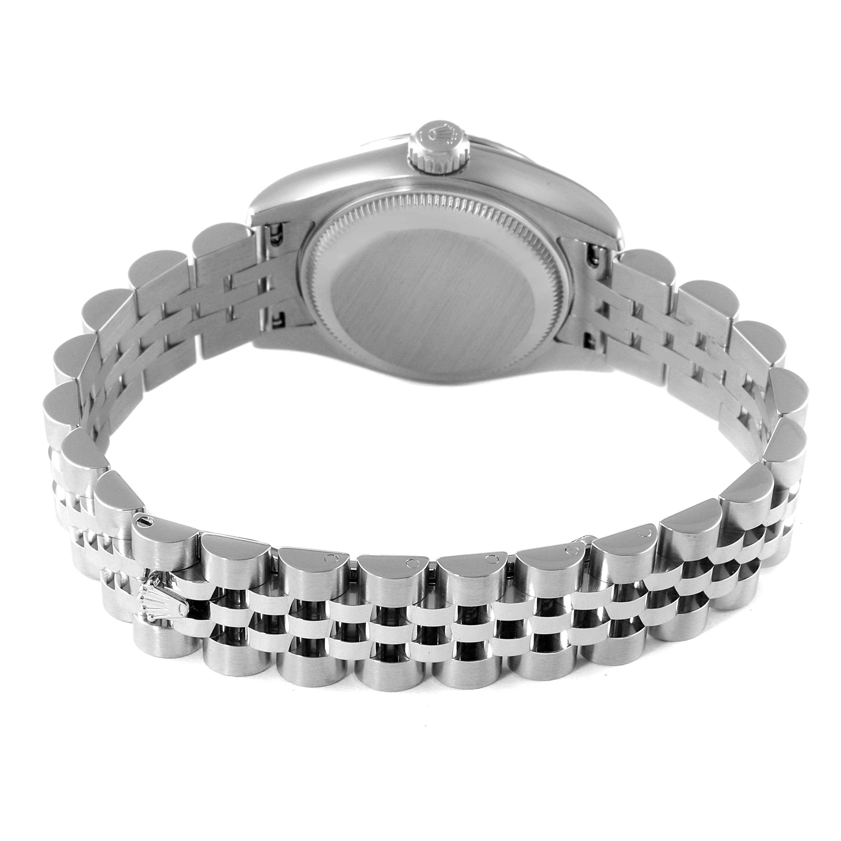 The image shows the back of a Rolex Datejust 179174 Women's Stainless Steel Silver Dial 179174 Women's Stainless Steel Silver Dial watch, focusing on the bracelet and case back.