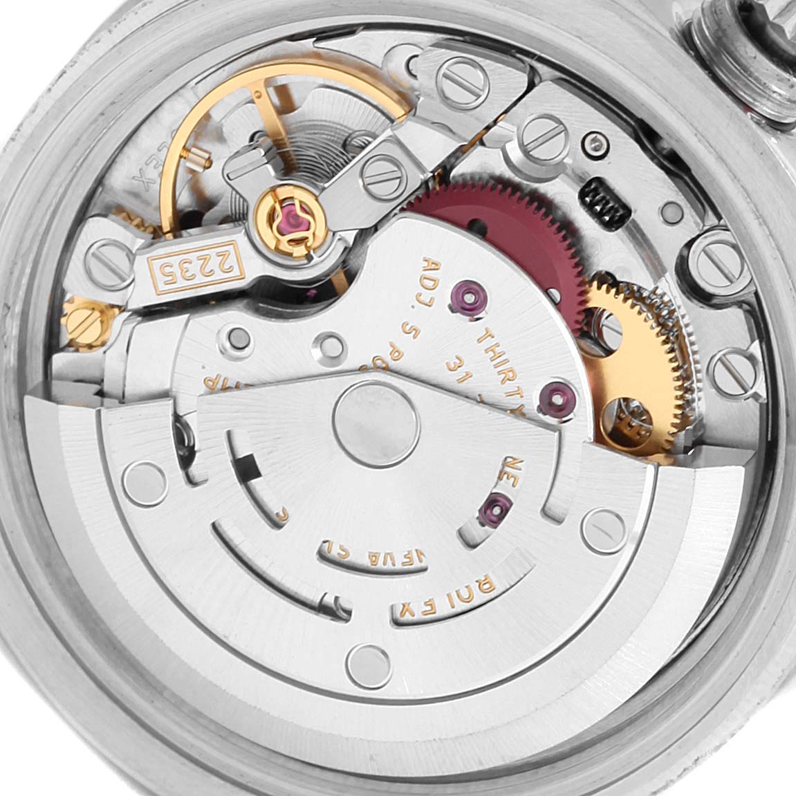 The image shows the intricate internal mechanical parts of a Rolex Datejust 179174 Women's Stainless Steel Silver Dial 179174 Women's Stainless Steel Silver Dial watch from a close-up angle.