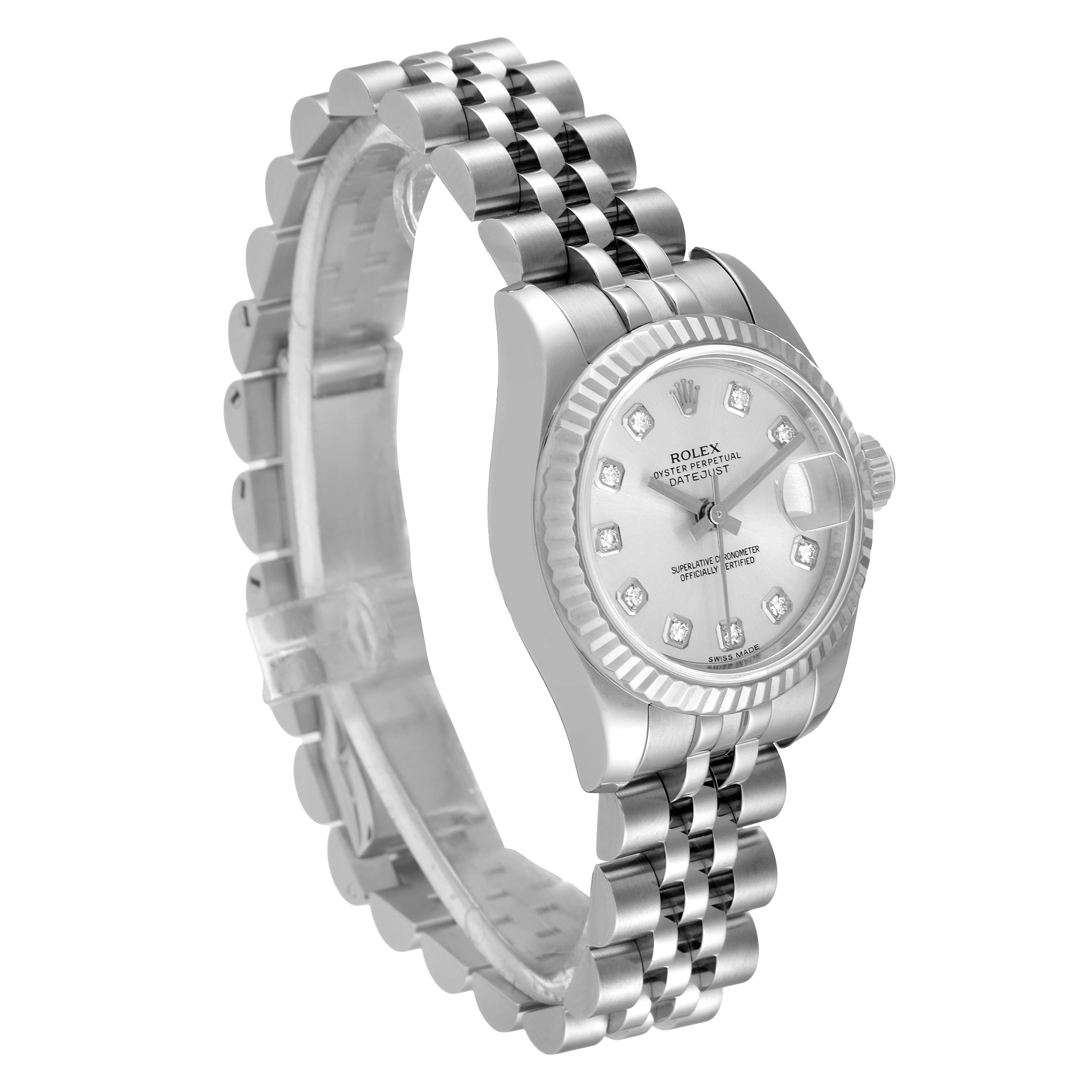 The image shows a Rolex Datejust 179174 Women's Stainless Steel Silver Dial 179174 Women's Stainless Steel Silver Dial watch at a three-quarter angle, highlighting its dial, fluted bezel, and Jubilee bracelet.
