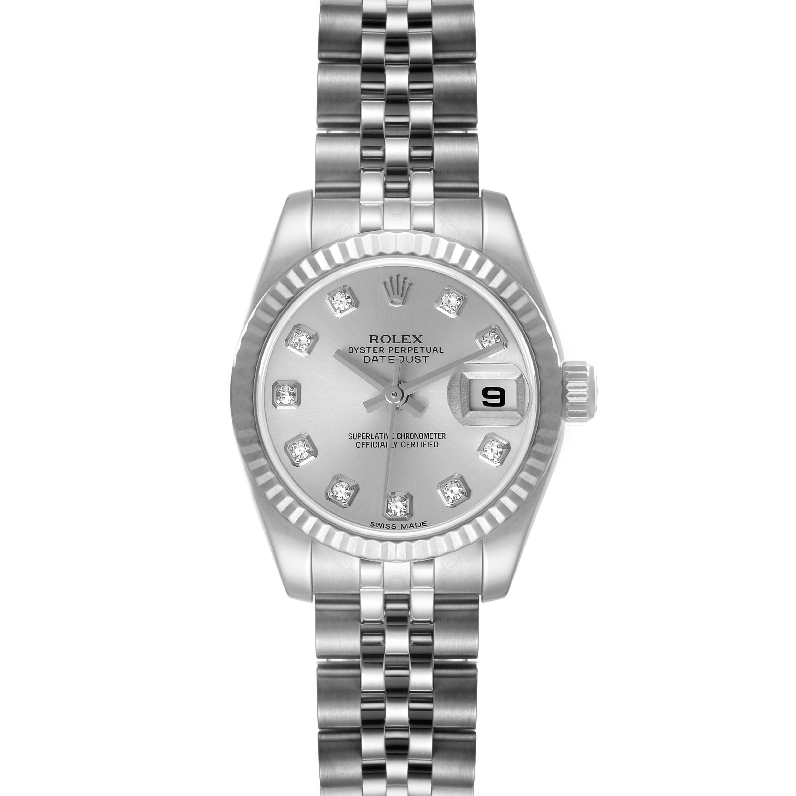 The image shows a Rolex Datejust 179174 Women's Stainless Steel Silver Dial 179174 Women's Stainless Steel Silver Dial watch from a front angle, highlighting the face, bezel, and bracelet.
