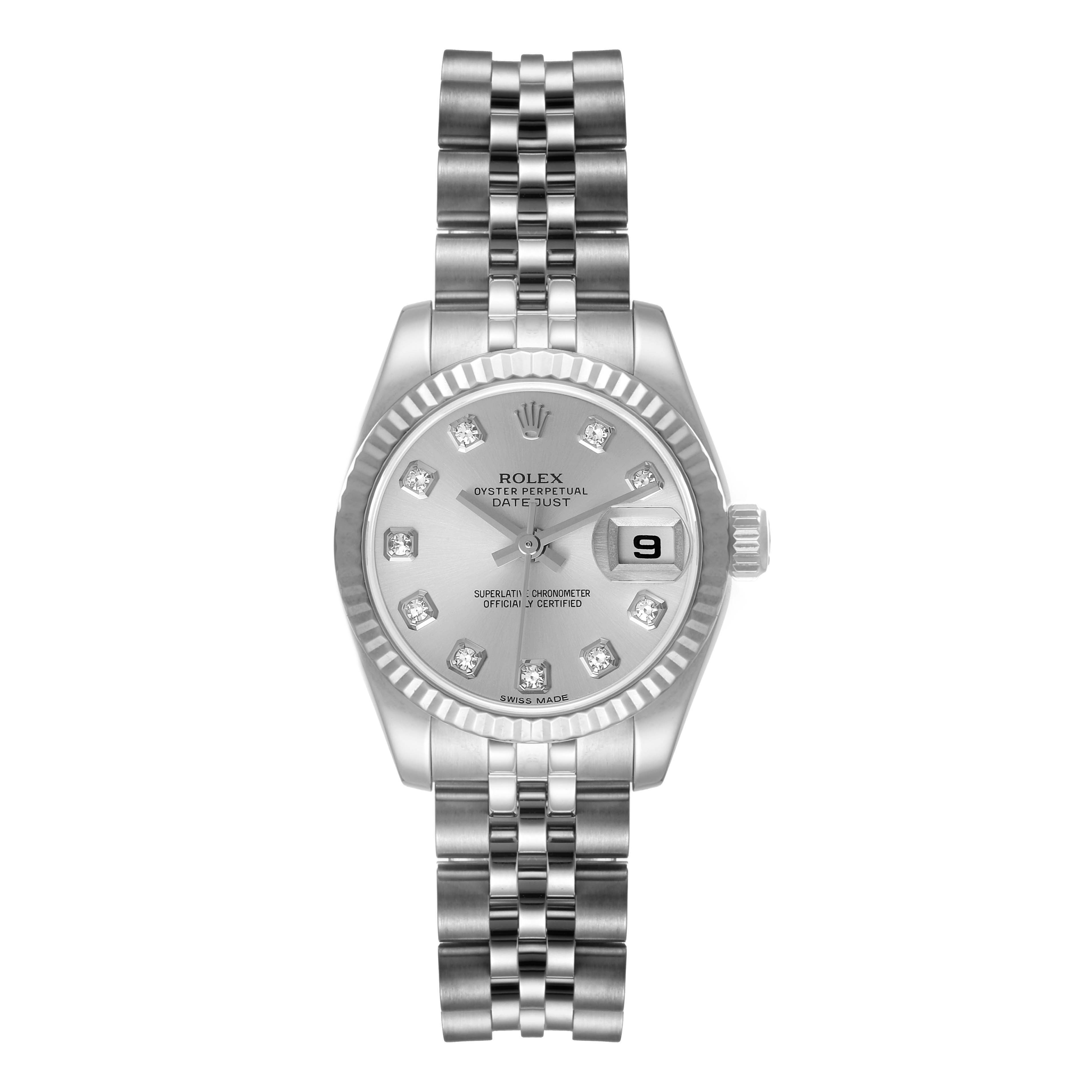 This image shows a front view of a Rolex Datejust 179174 Women's Stainless Steel Silver Dial 179174 Women's Stainless Steel Silver Dial watch, highlighting the dial, bezel, and bracelet.