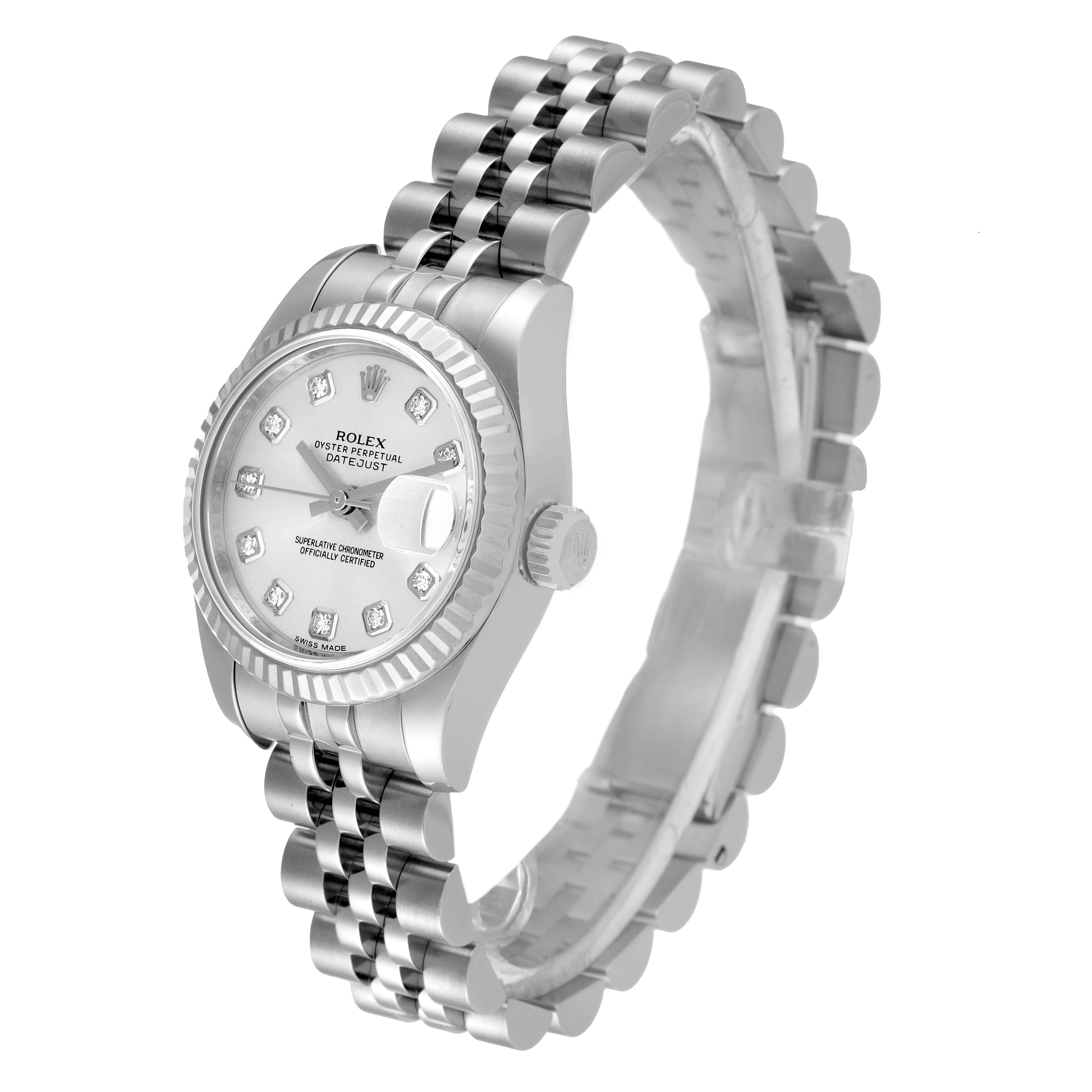 The image shows a Rolex Datejust 179174 Women's Stainless Steel Silver Dial 179174 Women's Stainless Steel Silver Dial watch from a three-quarter angle, displaying the face, bezel, crown, and Jubilee bracelet.