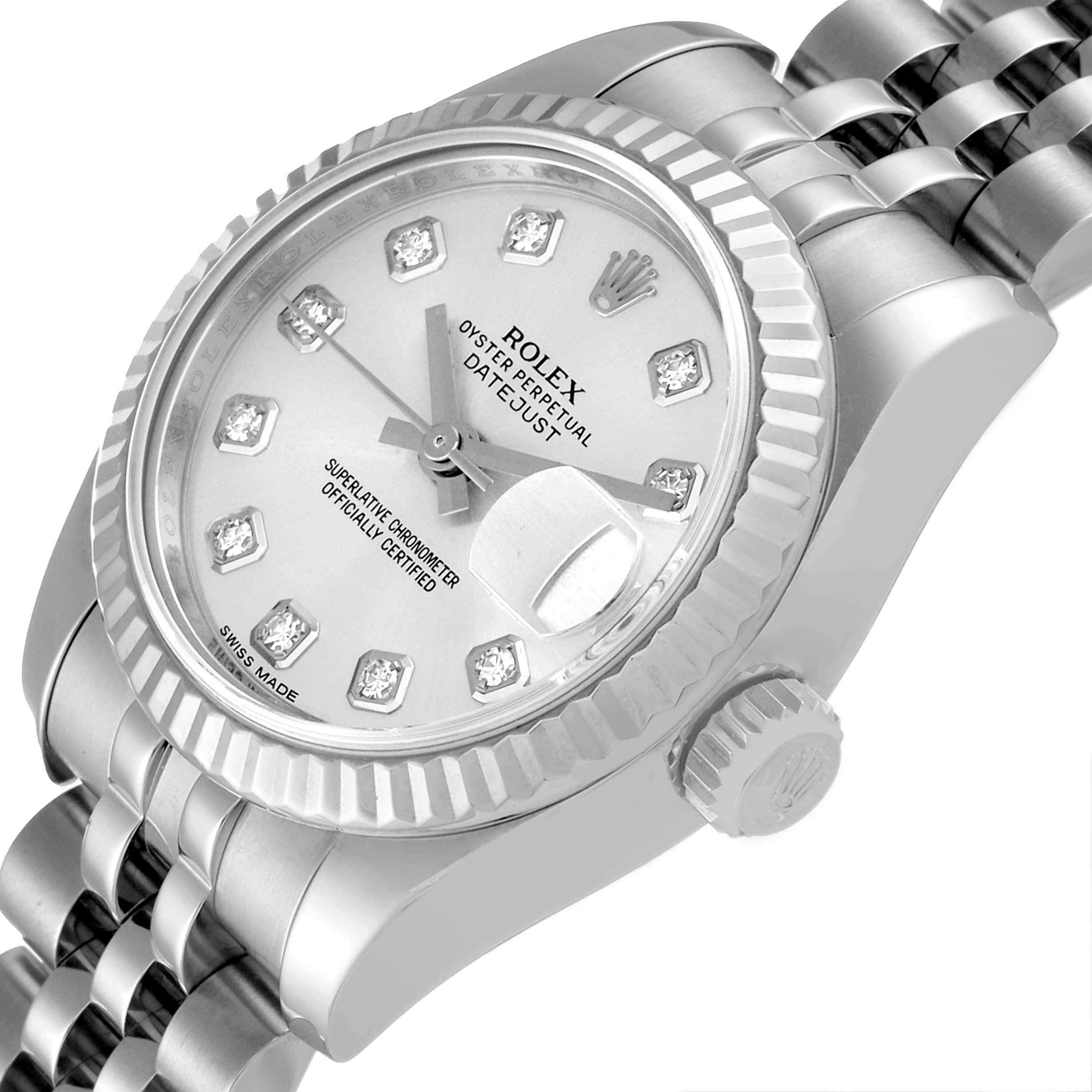 The Rolex Datejust 179174 Women's Stainless Steel Silver Dial 179174 Women's Stainless Steel Silver Dial watch is shown at an oblique angle, displaying the dial, bezel, crown, and part of the bracelet.