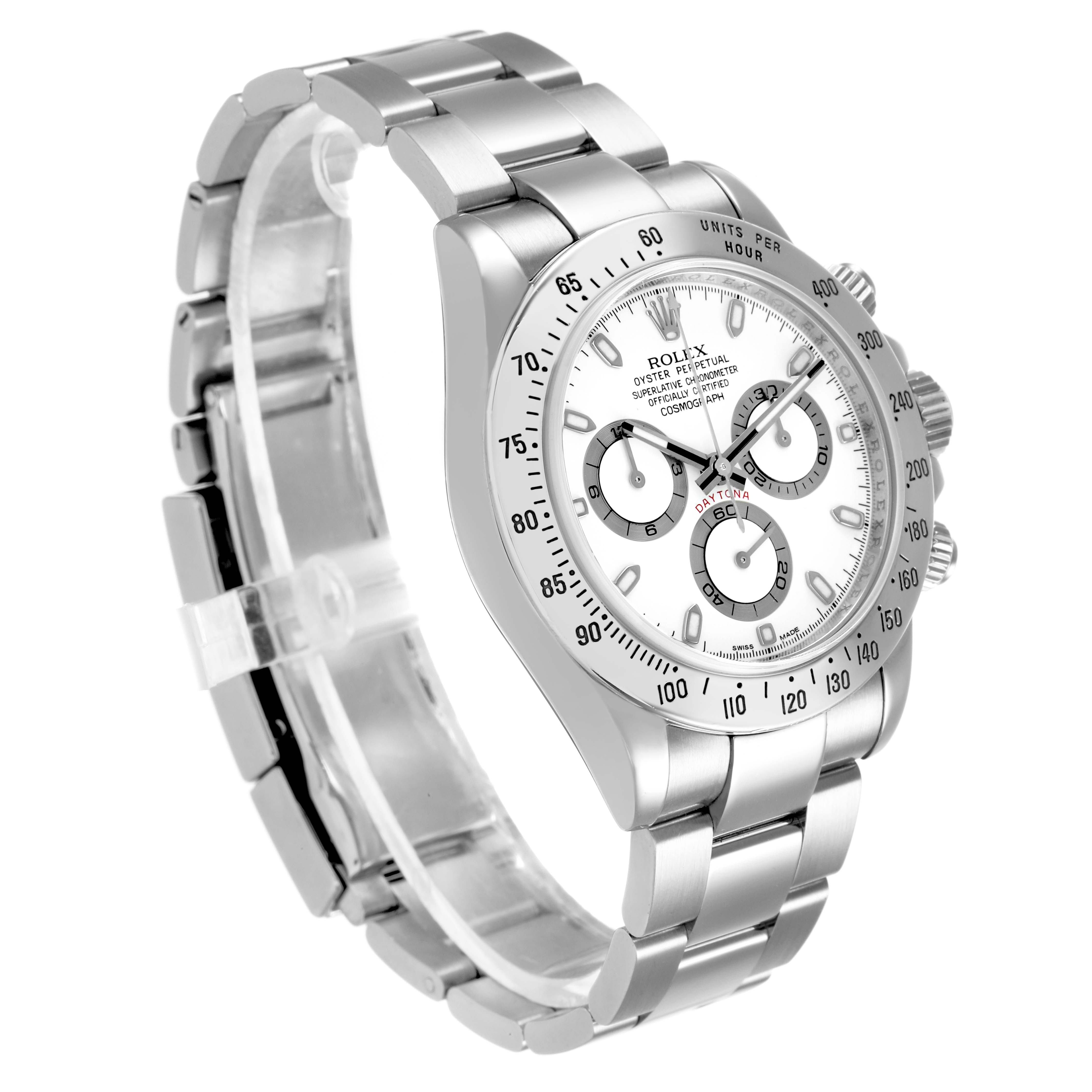 The image shows a Rolex Daytona 116520 Men's Stainless Steel White Dial watch at a three-quarter angle, highlighting the dial, bezel, bracelet, and chronograph buttons.