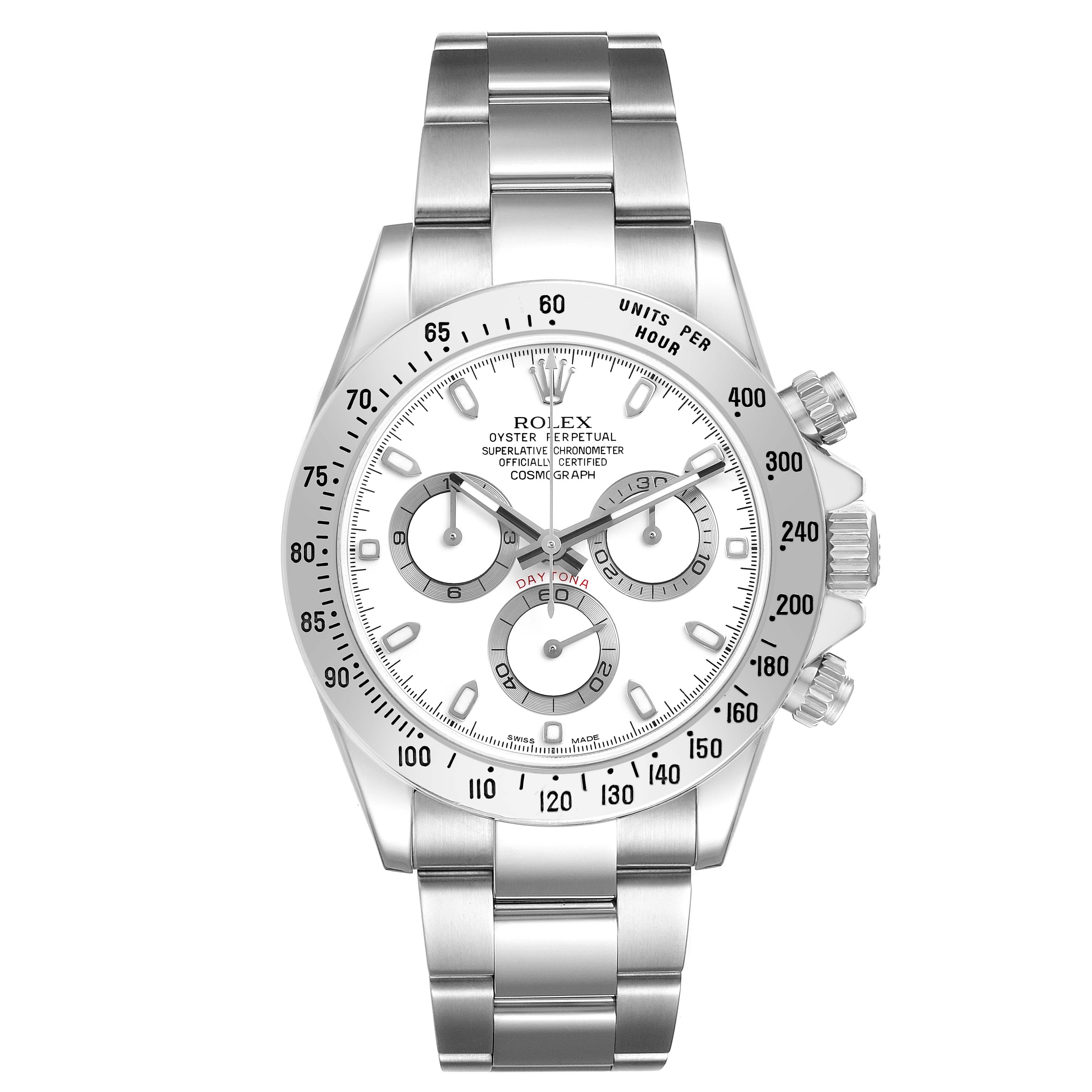 The Rolex Daytona 116520 Men's Stainless Steel White Dial watch is shown from a front angle, displaying the dial, bezel, bracelet, and chronograph pushers.