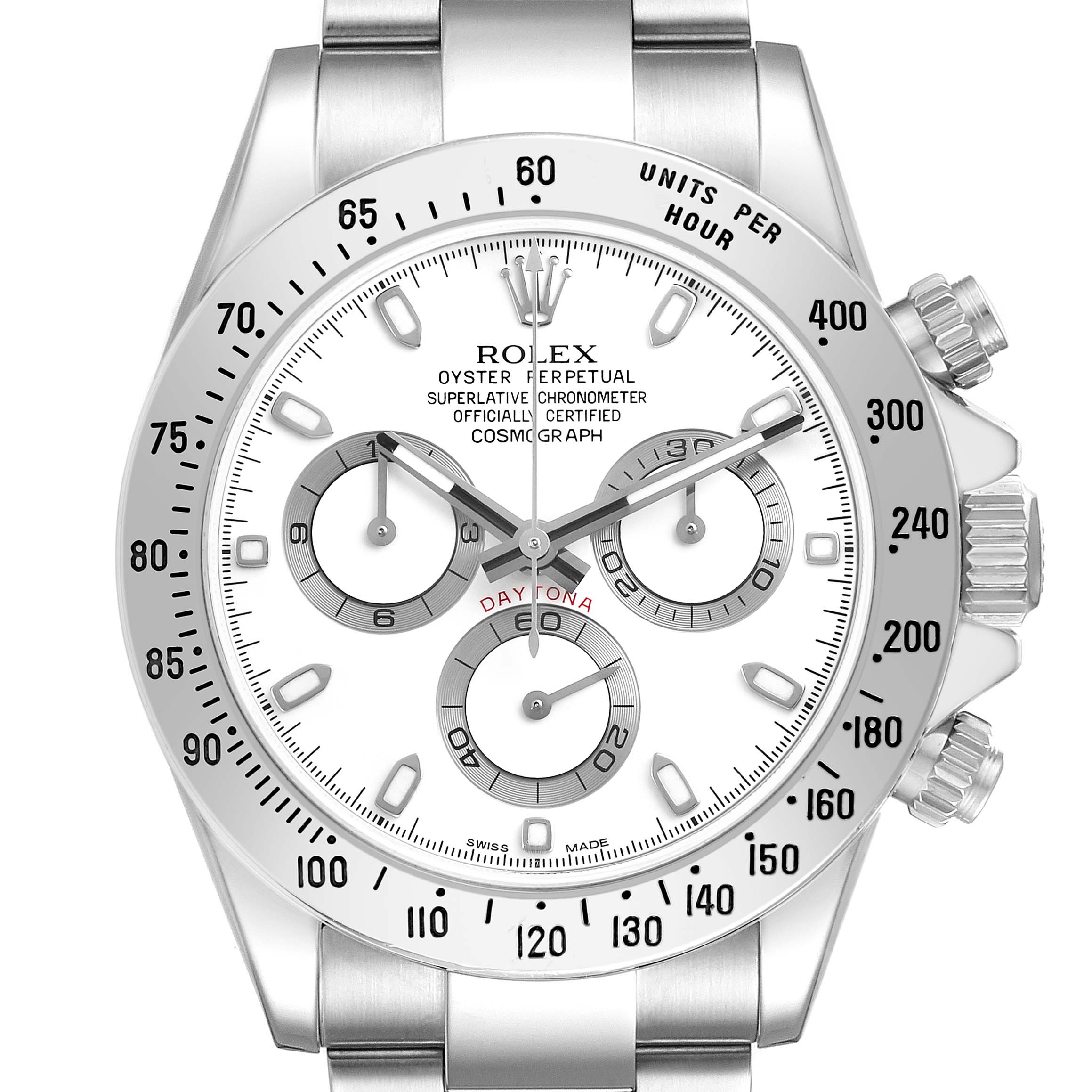 The Rolex Daytona 116520 Men's Stainless Steel White Dial watch is shown from the front, highlighting the dial, bezel, sub-dials, and crown.