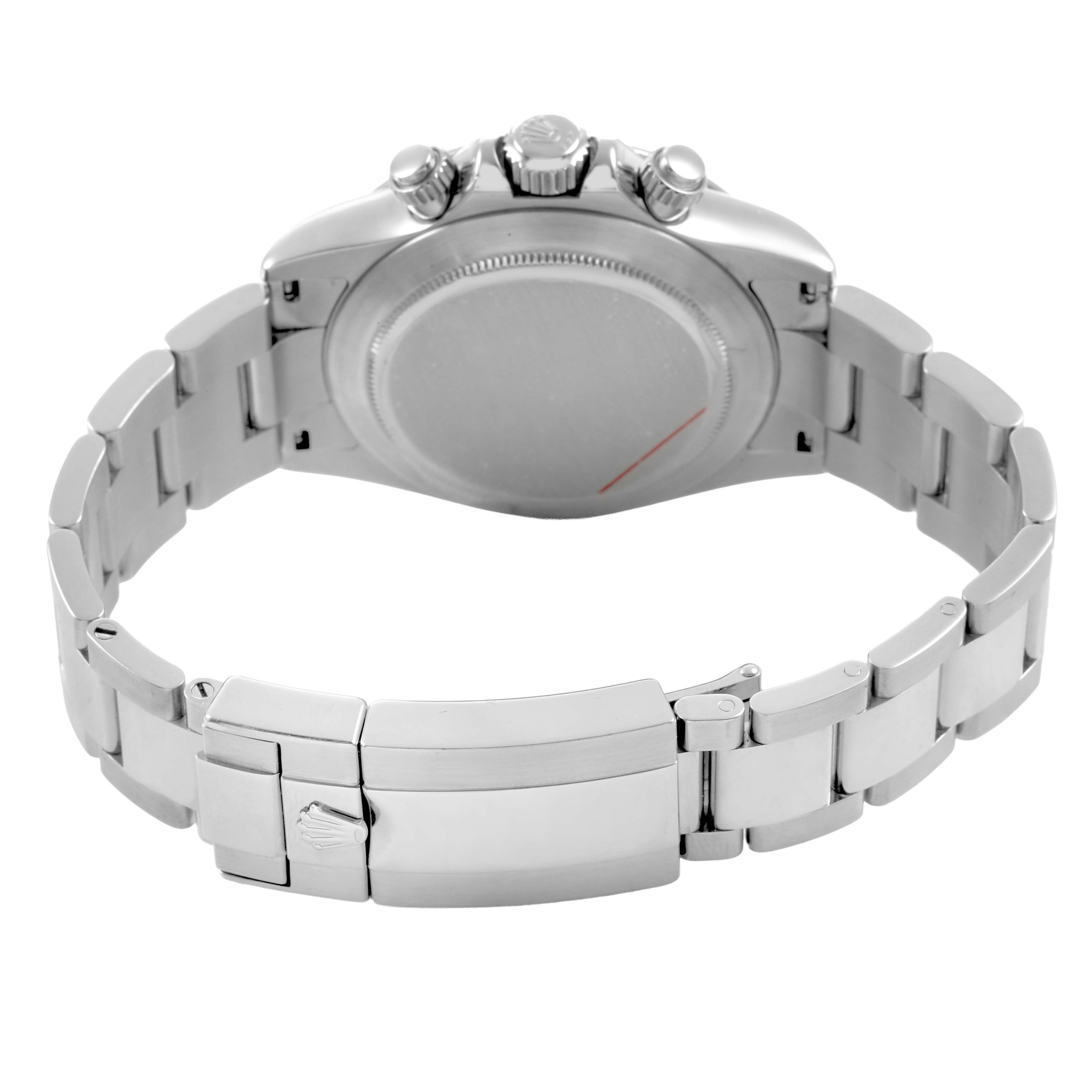 The image shows the back case and bracelet clasp of the Rolex Daytona 116520 Men's Stainless Steel White Dial watch at a rear angle.