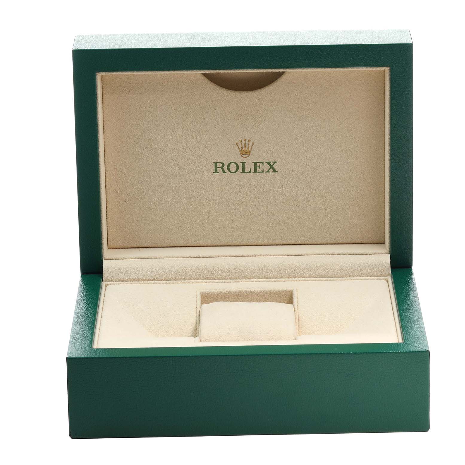 The image shows an open Rolex watch box, designed for the Daytona model, highlighting the brand logo and interior cushion.