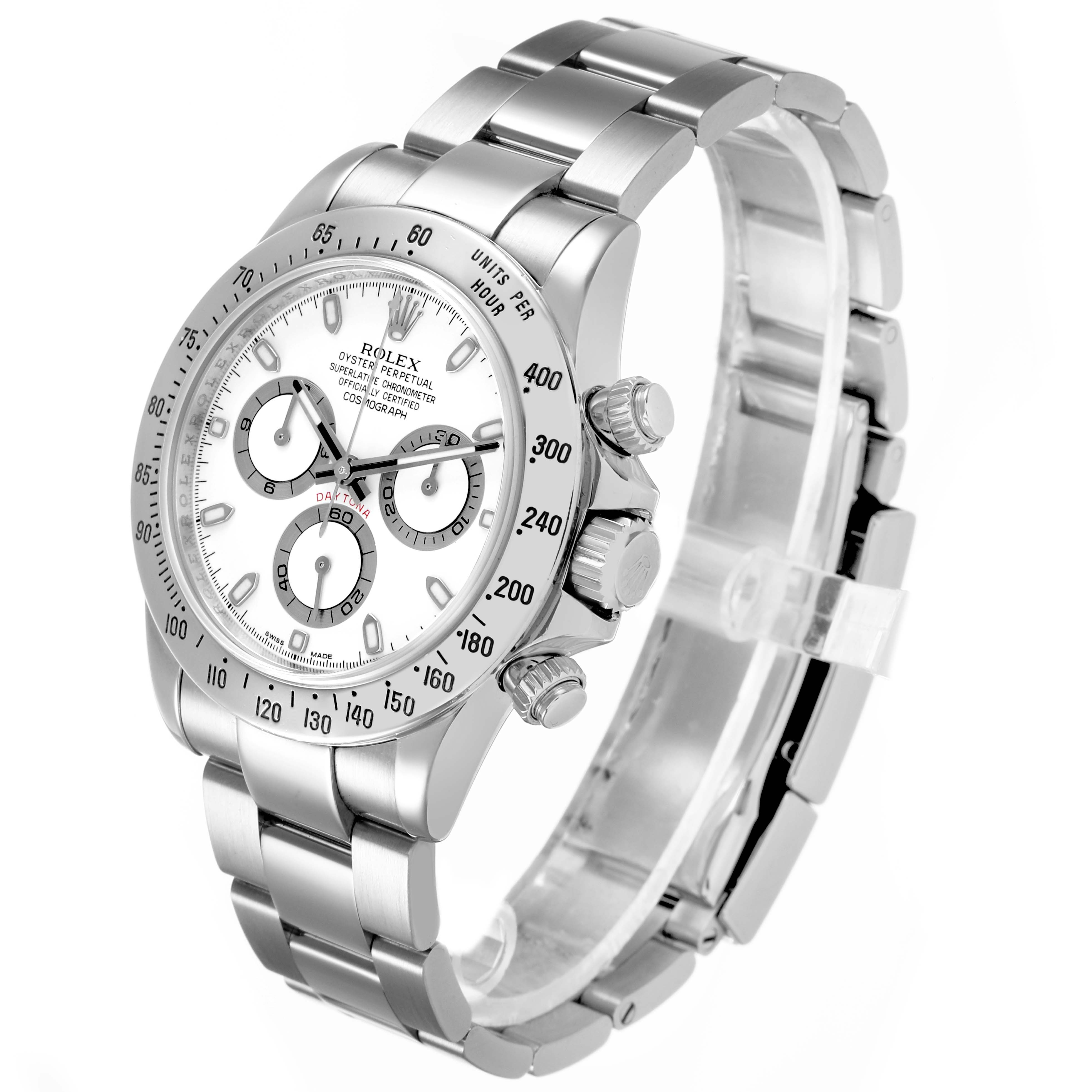 The Rolex Daytona 116520 Men's Stainless Steel White Dial watch is shown at an angled side view, highlighting the dial, bezel, pushers, and bracelet.