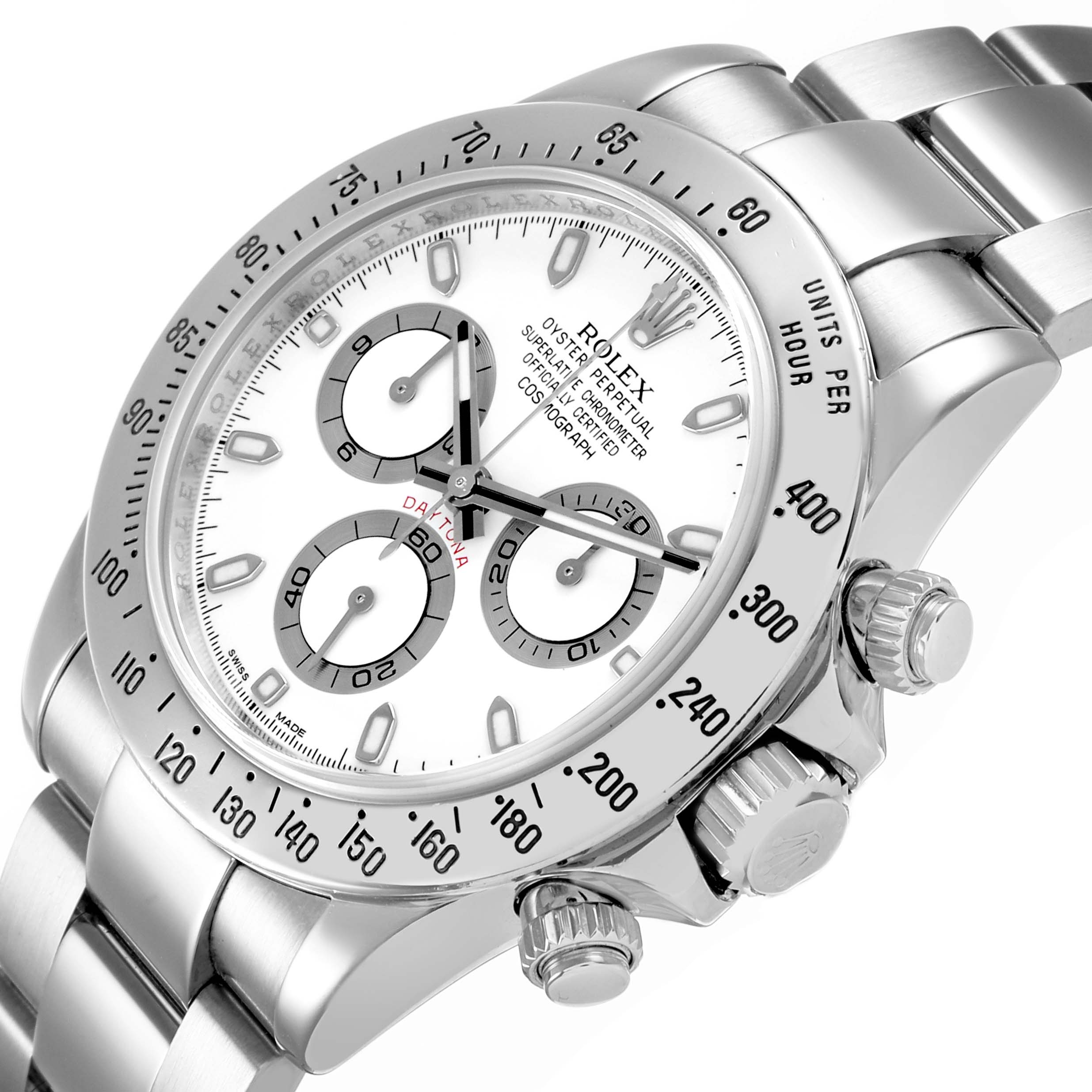 The Rolex Daytona 116520 Men's Stainless Steel White Dial watch is shown at an angle highlighting the face, bezel, and chronograph pushers.