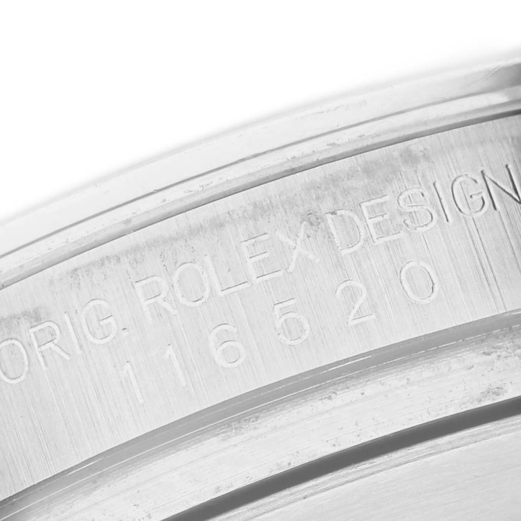 The image shows a close-up of the engraved case back of a Rolex Daytona 116520 Men's Stainless Steel White Dial, highlighting the model number.