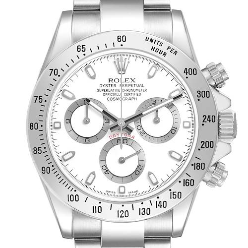 The Rolex Daytona 116520 Men's Stainless Steel White Dial model is shown from the front, displaying the dial, bezel, and chronograph subdials.