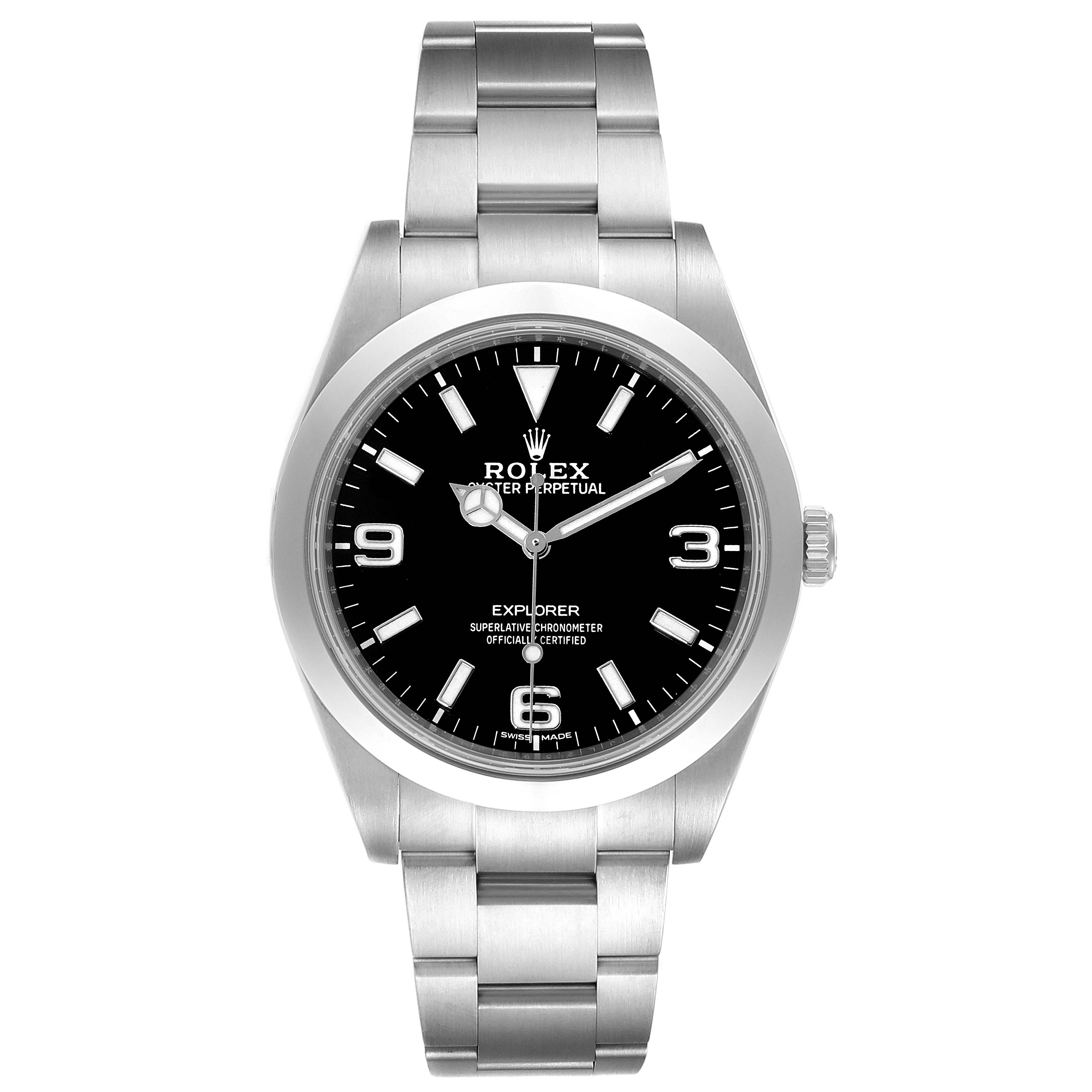 The image shows a front view of the Rolex Explorer 214270 Men's Stainless Steel Black Dial 214270 Men's Stainless Steel Black Dial watch, displaying its black dial, silver markers, and stainless steel bracelet.