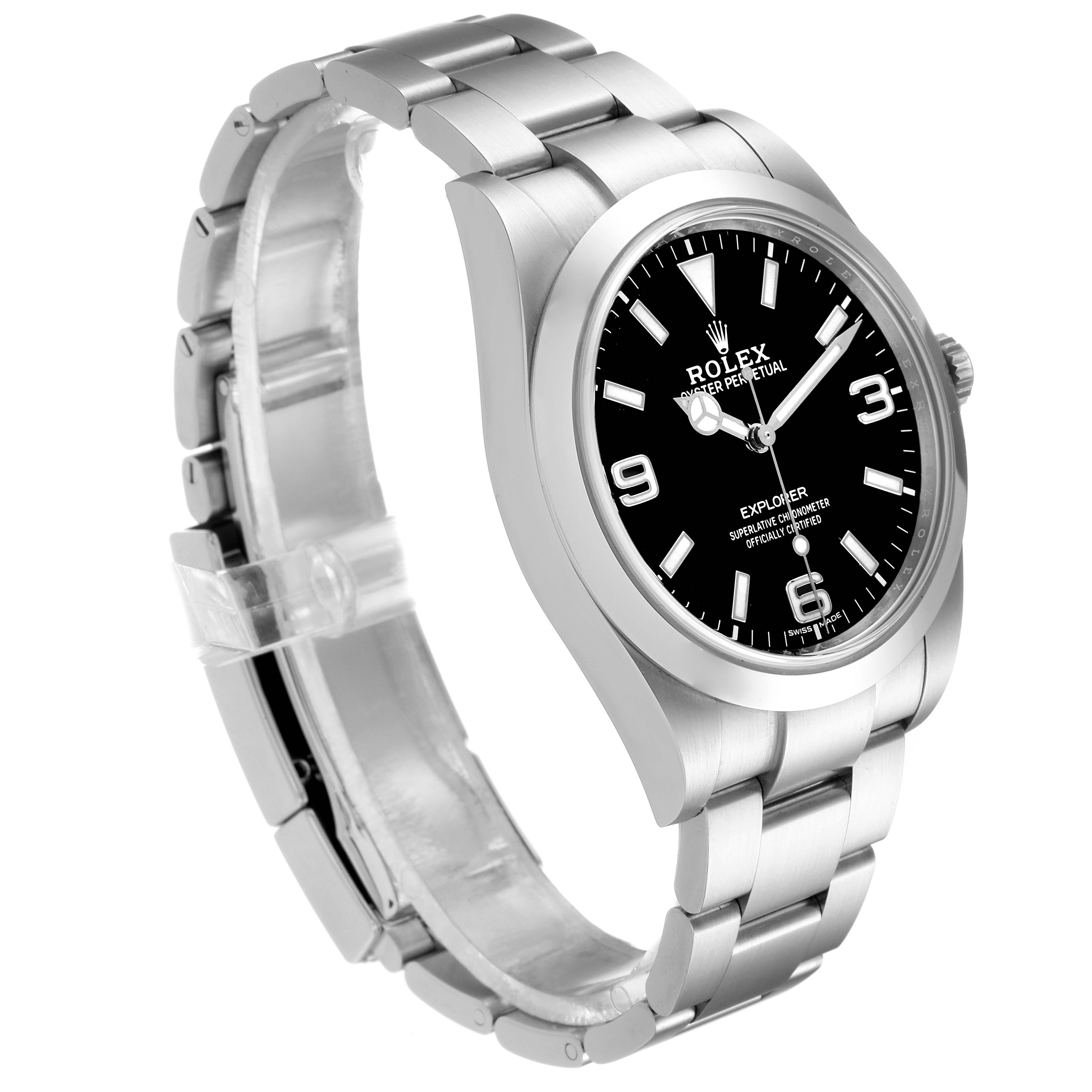 The Rolex Explorer 214270 Men's Stainless Steel Black Dial 214270 Men's Stainless Steel Black Dial watch is shown at a slight angle, displaying the face, bezel, bracelet, and part of the clasp.
