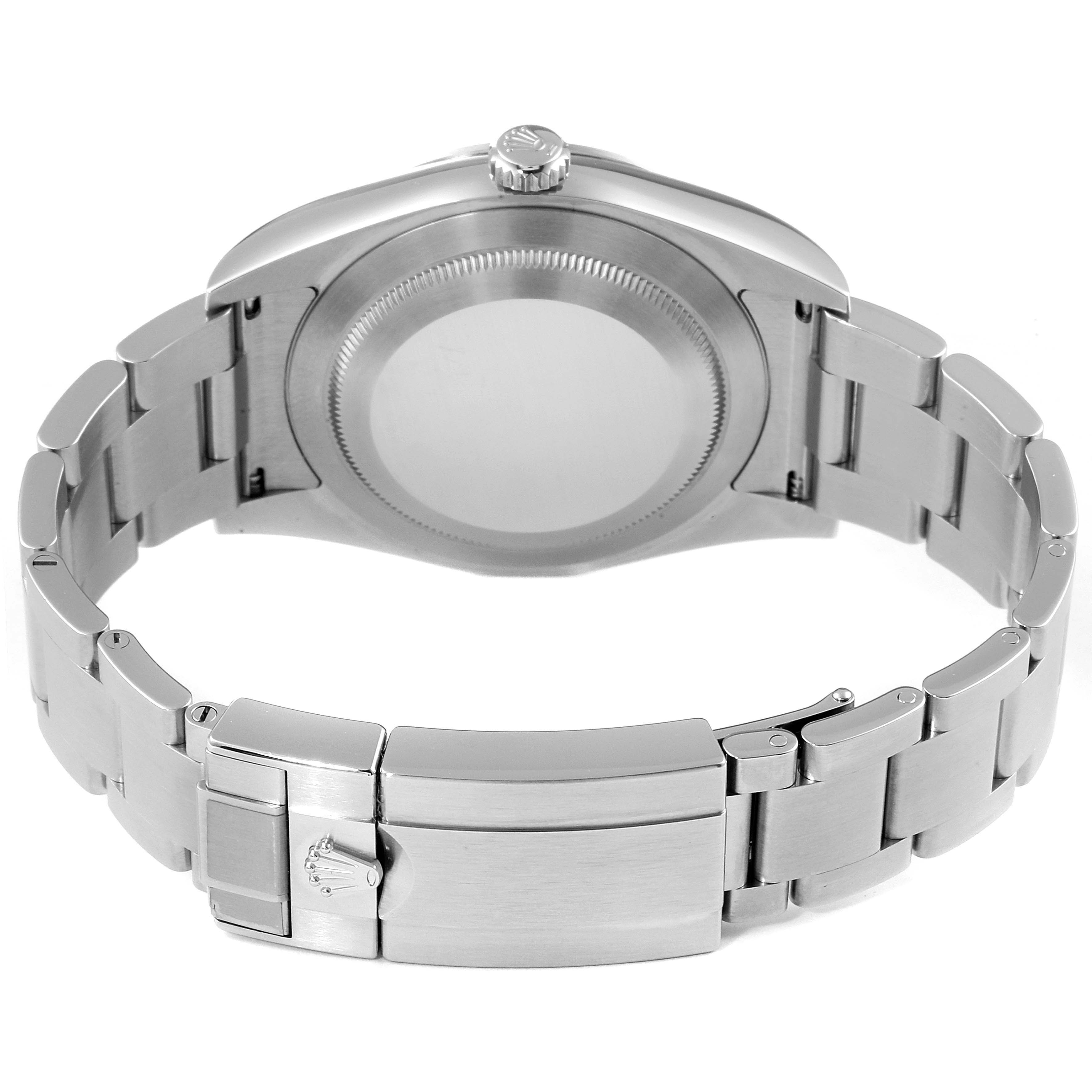 The image shows the back view of a Rolex Explorer 214270 Men's Stainless Steel Black Dial 214270 Men's Stainless Steel Black Dial watch, with a focus on the case back, crown, and stainless steel bracelet and clasp.