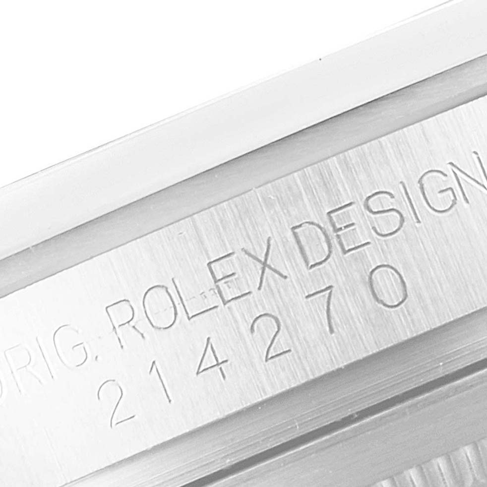 This close-up image shows the case side engraving of the Rolex Explorer 214270 Men's Stainless Steel Black Dial 214270 Men's Stainless Steel Black Dial, highlighting its model number '214270'.