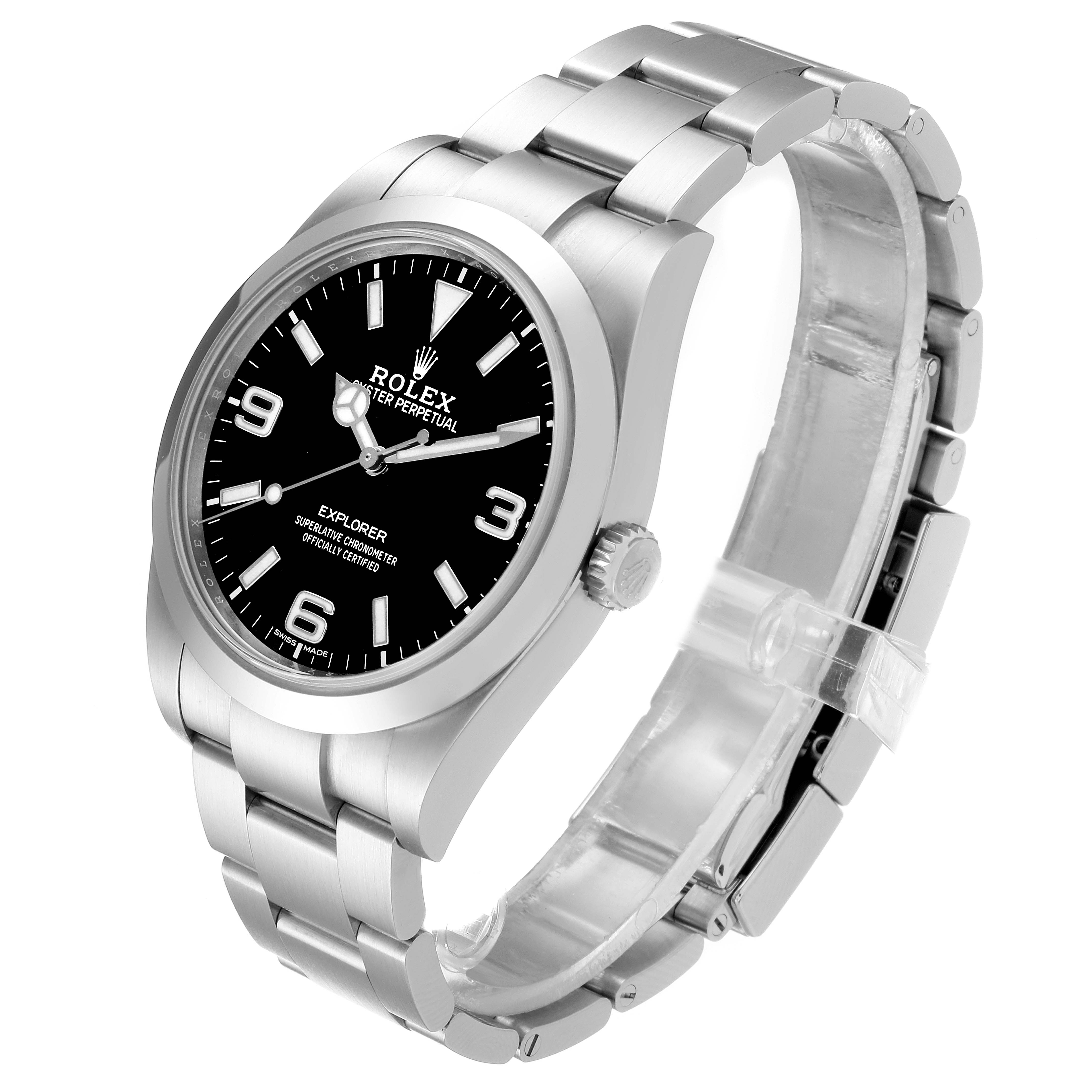 This image shows a side and front view of a Rolex Explorer 214270 Men's Stainless Steel Black Dial 214270 Men's Stainless Steel Black Dial watch, highlighting the bracelet, dial, and crown.