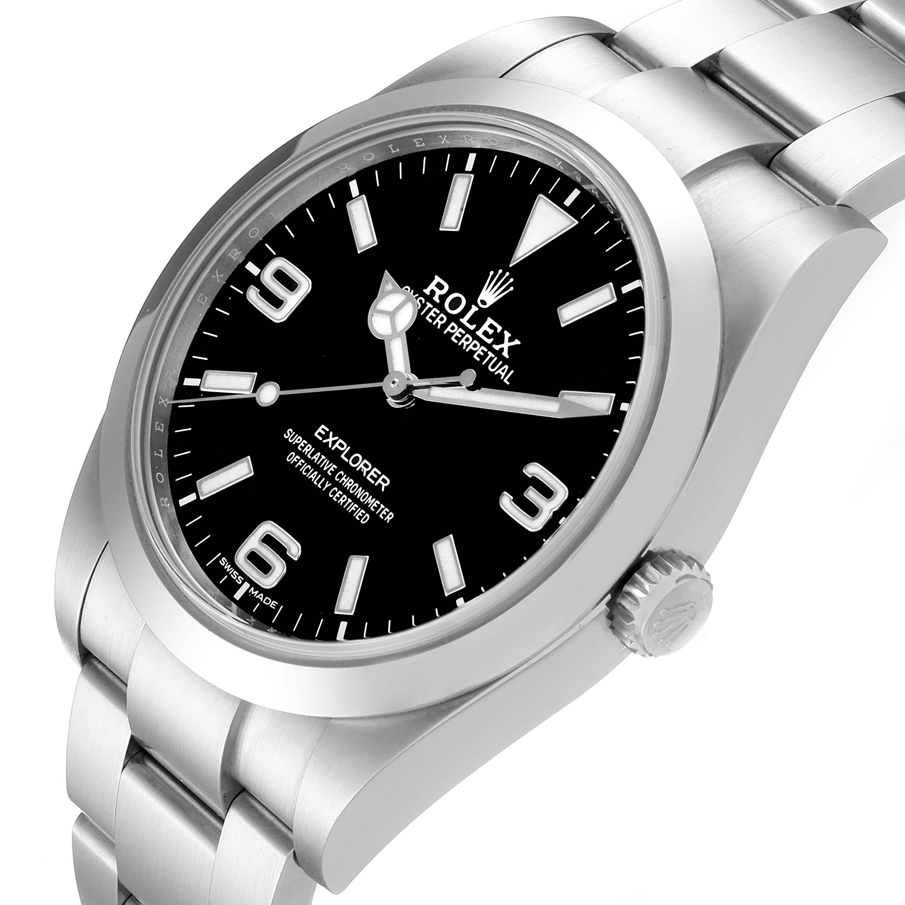 The image shows a Rolex Explorer 214270 Men's Stainless Steel Black Dial 214270 Men's Stainless Steel Black Dial watch at an angled close-up, featuring its bezel, crown, and part of the stainless steel bracelet.