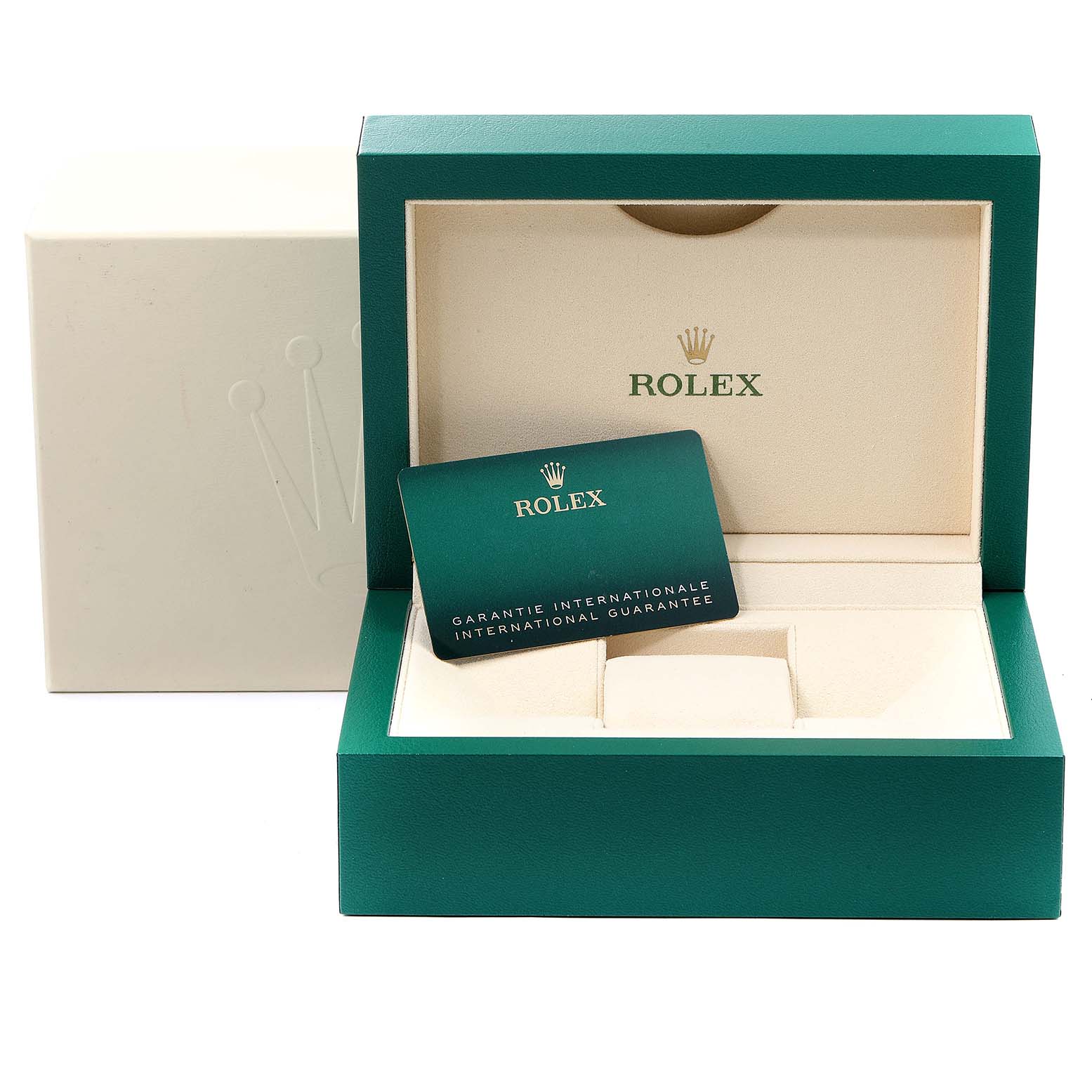 The image shows the Rolex Explorer 214270 Men's Stainless Steel Black Dial 214270 Men's Stainless Steel Black Dial watch's green and beige box and an international guarantee card.