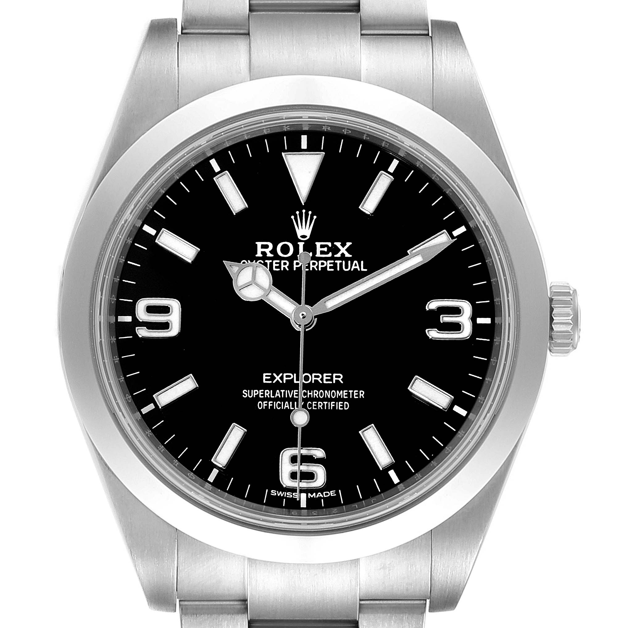 The image shows a frontal view of the Rolex Explorer 214270 Men's Stainless Steel Black Dial 214270 Men's Stainless Steel Black Dial watch, highlighting the dial, hands, and bracelet.