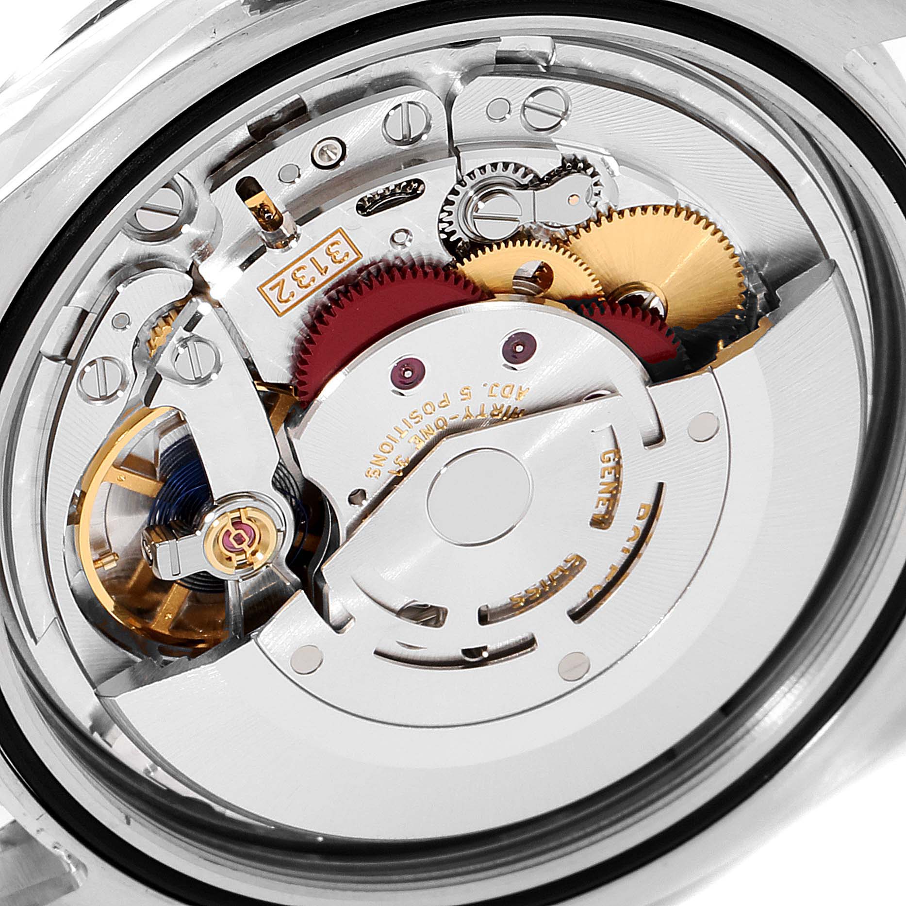 This is a close-up view of the movement inside a Rolex Explorer 214270 Men's Stainless Steel Black Dial 214270 Men's Stainless Steel Black Dial watch, showing gears and mechanical components.