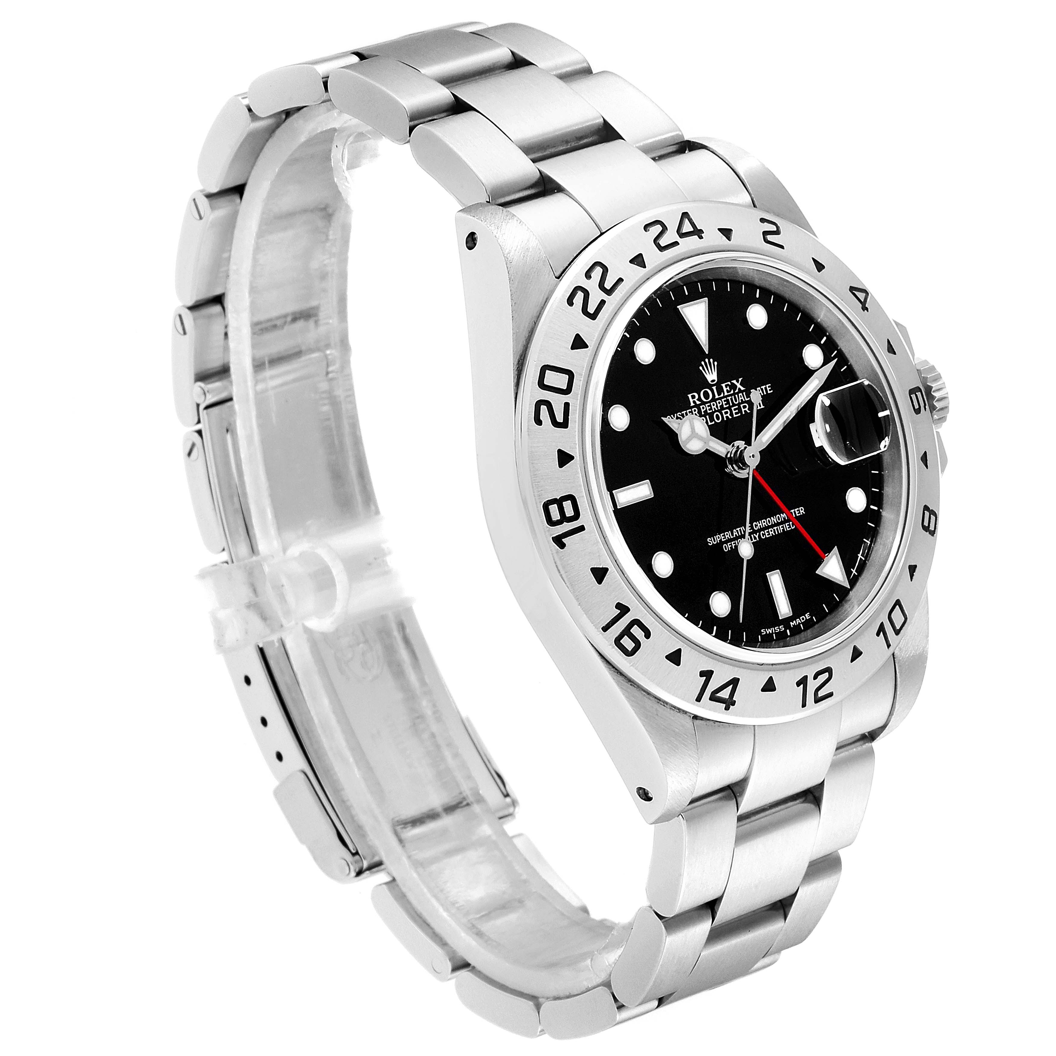 The image shows a side and front angle of the Rolex Explorer 16570 Men
s Stainless Steel Black Dial 16570 Men
s Stainless Steel Black Dial model, highlighting the bezel, dial, crown, and bracelet.