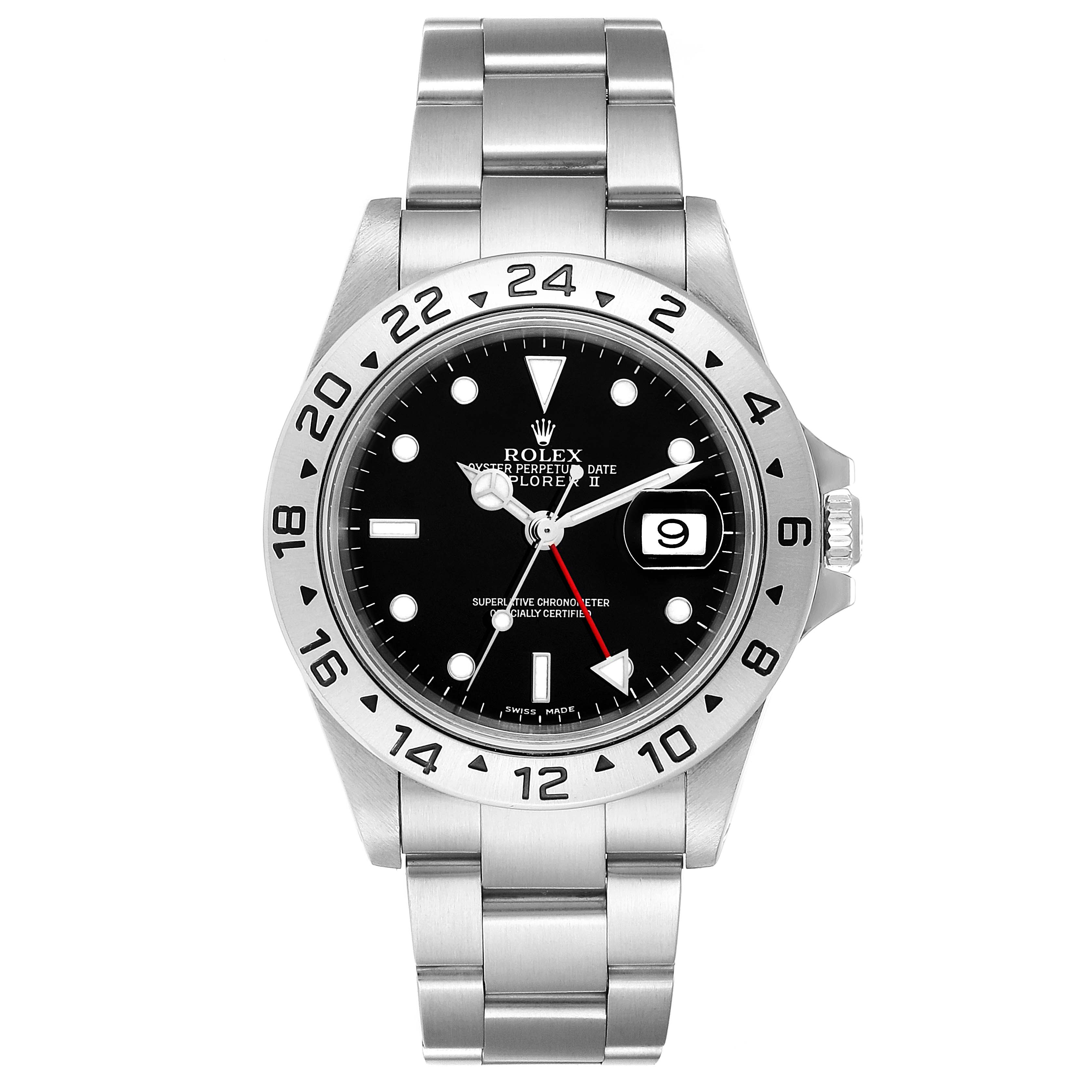 The image shows a front view of a Rolex Explorer 16570 Men
s Stainless Steel Black Dial 16570 Men
s Stainless Steel Black Dial watch, highlighting its bezel, dial, and bracelet.