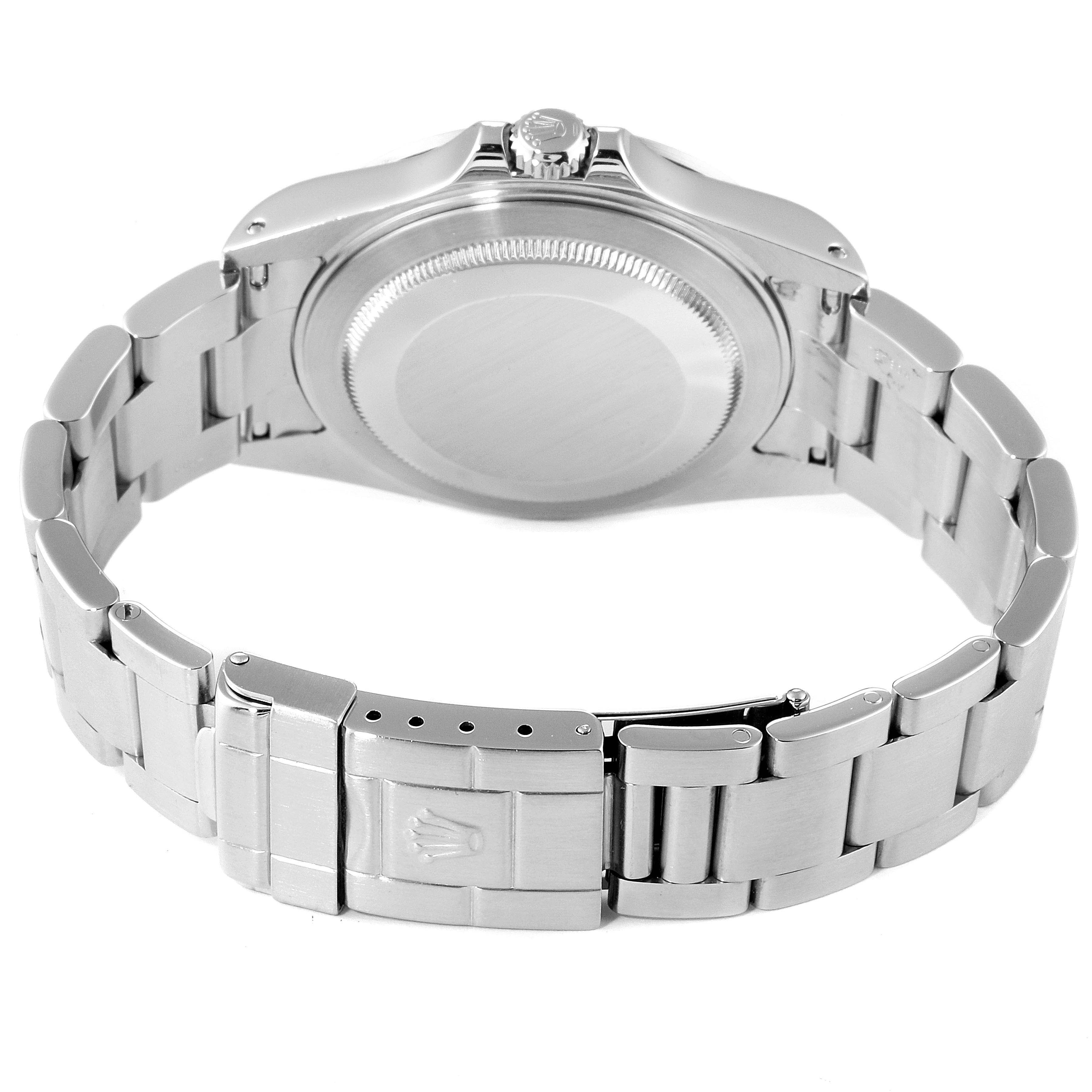 The image shows the back side and bracelet clasp of a Rolex Explorer 16570 Men
s Stainless Steel Black Dial 16570 Men
s Stainless Steel Black Dial watch, revealing the case back and the Oyster bracelet.