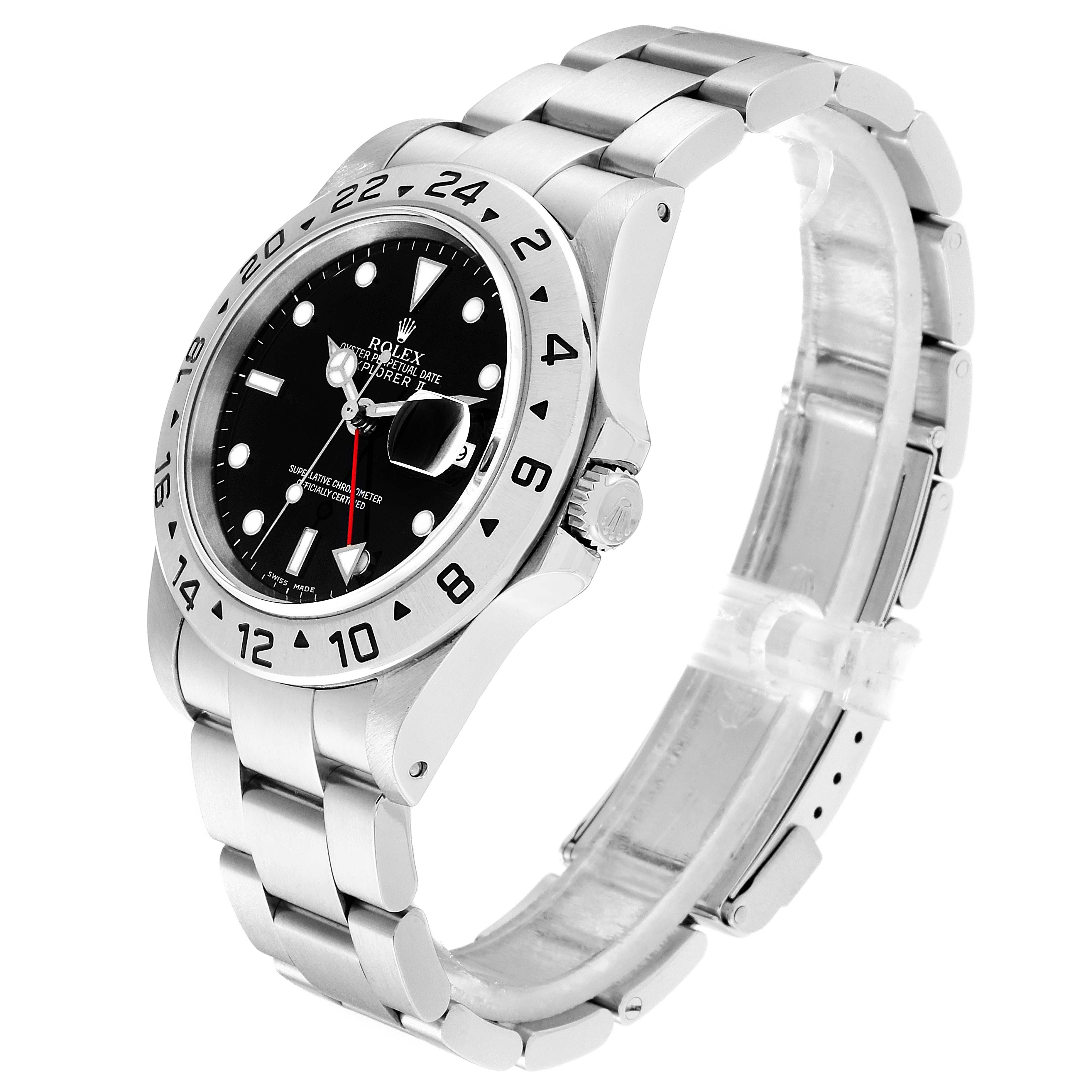 The Rolex Explorer 16570 Men
s Stainless Steel Black Dial 16570 Men
s Stainless Steel Black Dial model watch is shown at an angled side view, displaying the bezel, dial, crown, bracelet, and clasp.