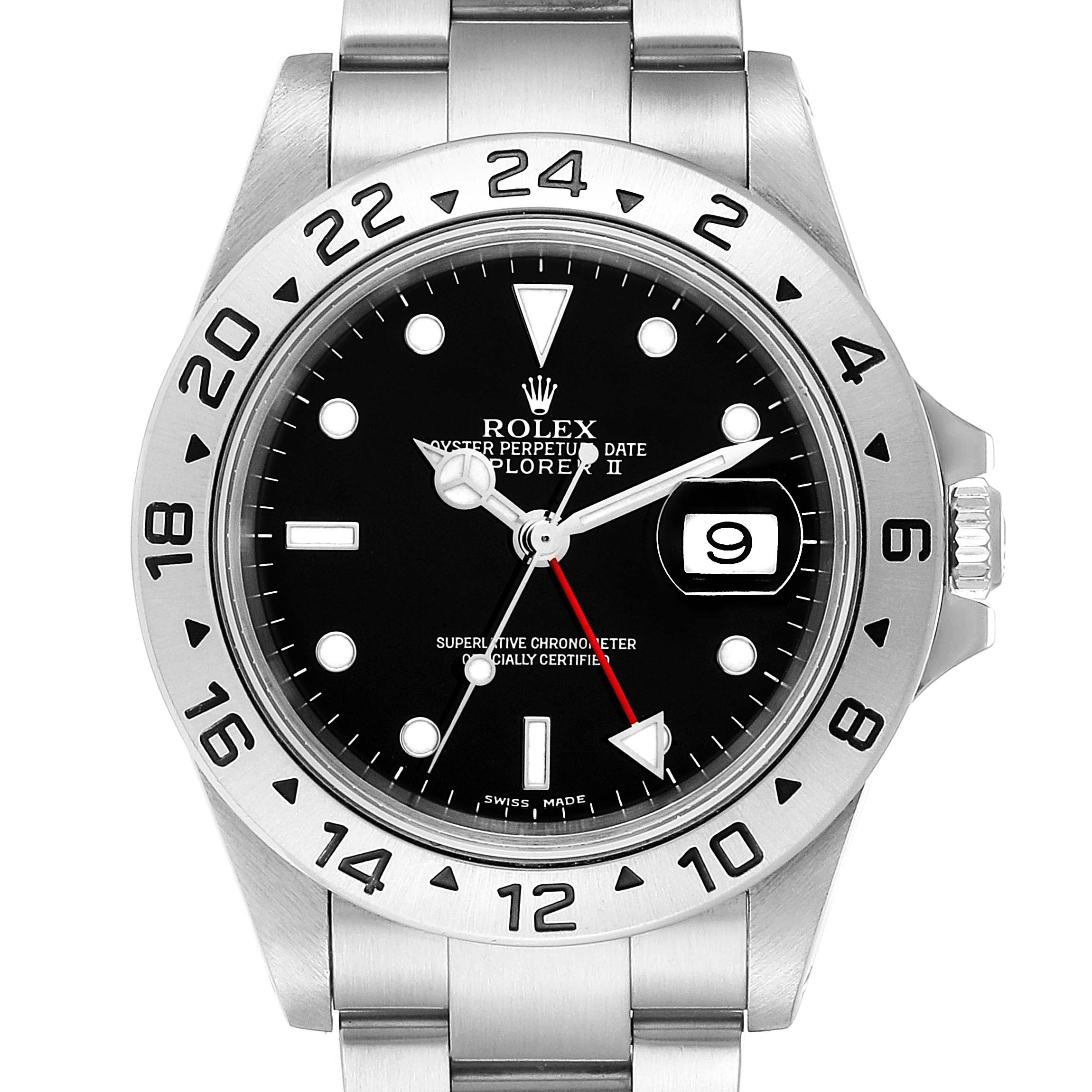 The image shows a front view of the Rolex Explorer 16570 Men
s Stainless Steel Black Dial 16570 Men
s Stainless Steel Black Dial watch, highlighting the bezel, dial, and bracelet.