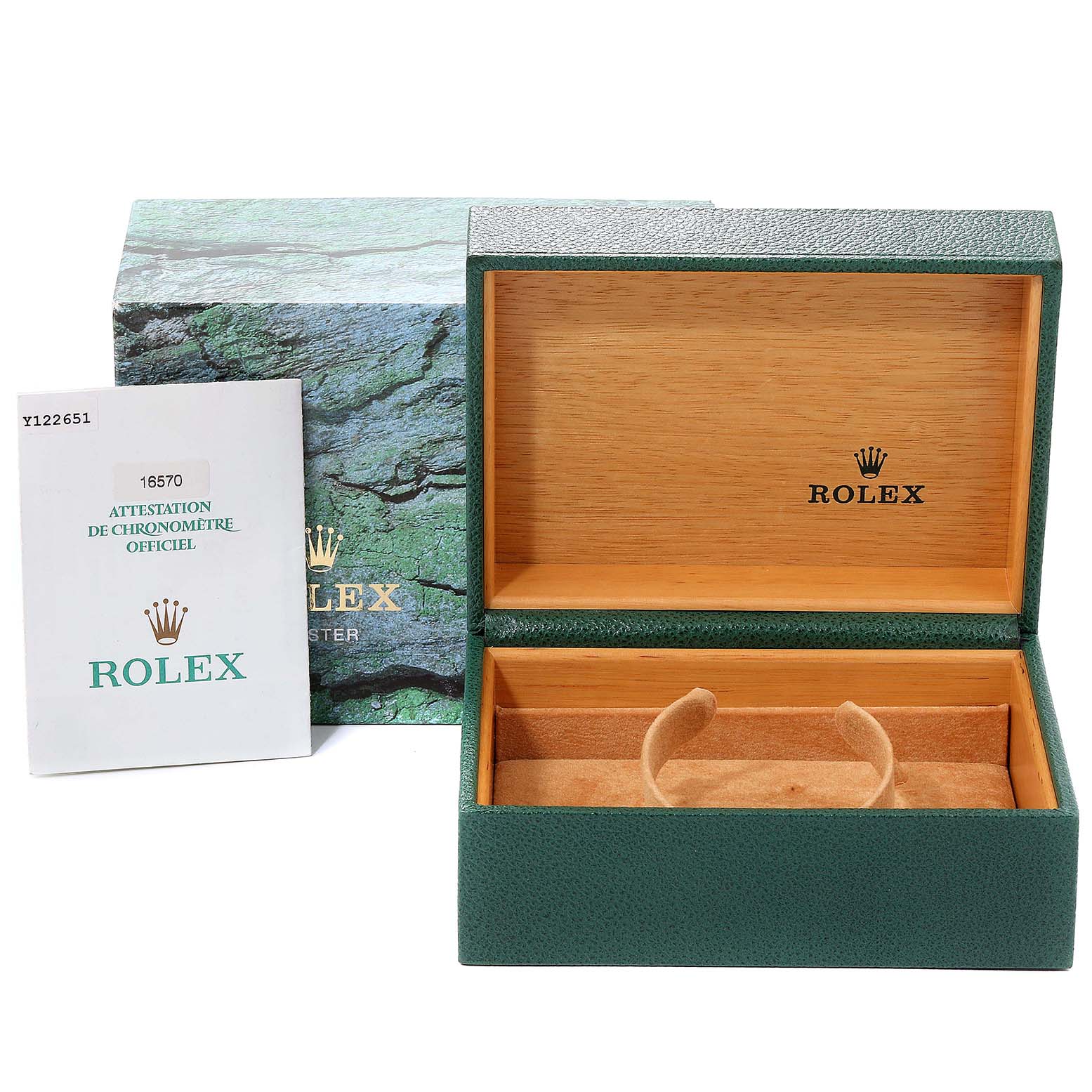 The image shows an open Rolex Explorer 16570 Men
s Stainless Steel Black Dial 16570 Men
s Stainless Steel Black Dial watch box, its outer packaging, and a certificate of Best Quality
ity.