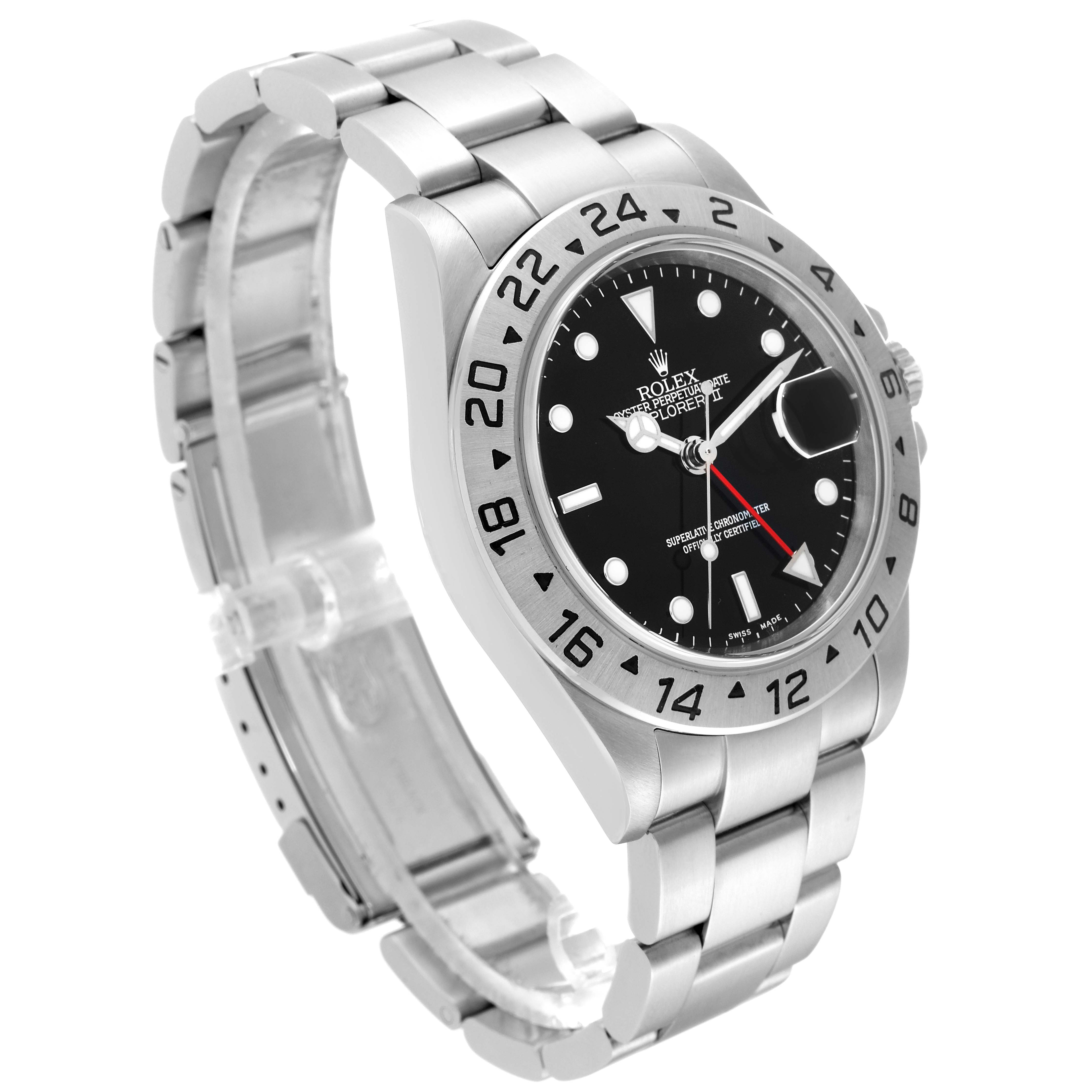 The Rolex Explorer 16570 Men's Stainless Steel Black Dial 16570 Men's Stainless Steel Black Dial watch is shown at a side angle, highlighting the face, bezel, and bracelet.