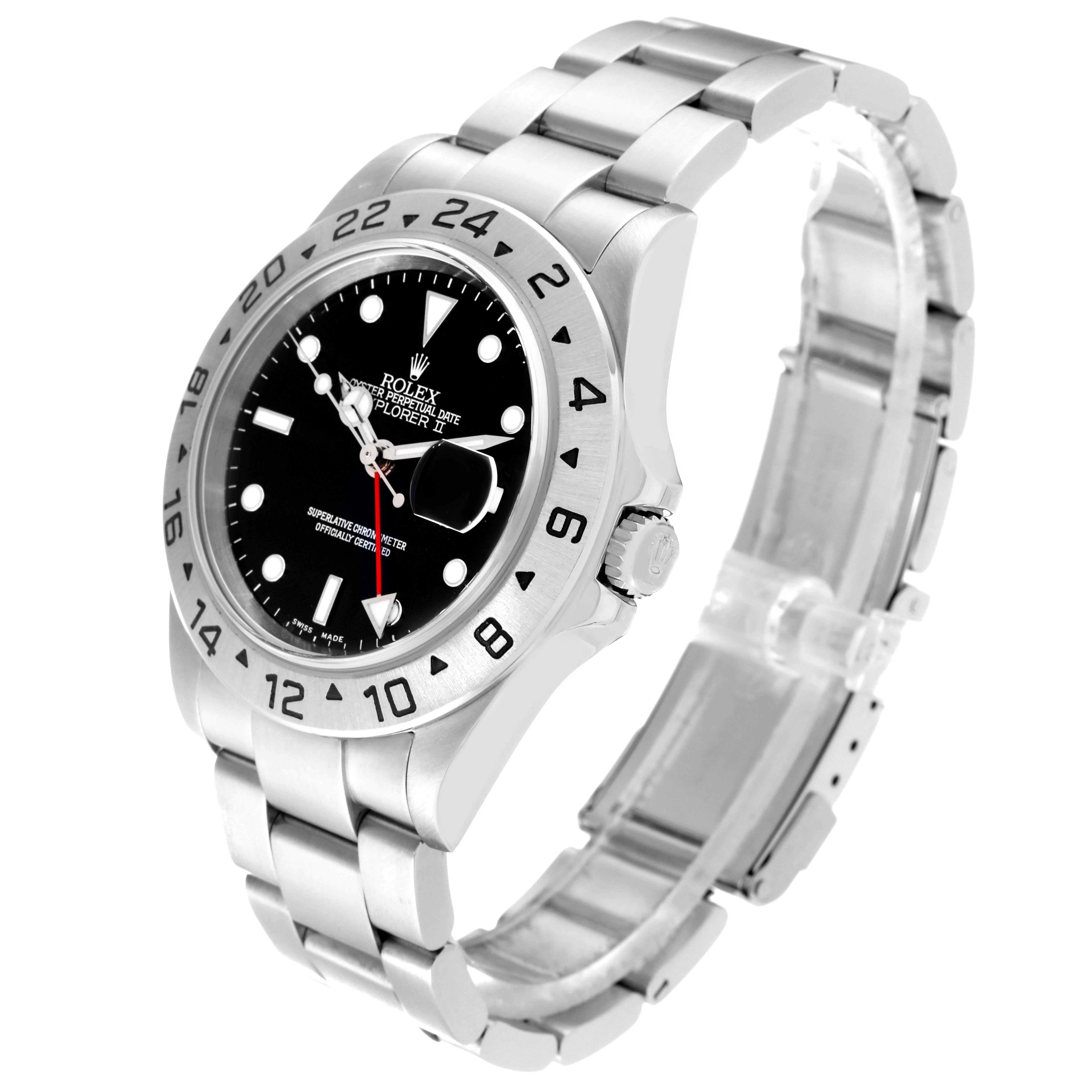 The Rolex Explorer 16570 Men's Stainless Steel Black Dial 16570 Men's Stainless Steel Black Dial model watch is shown from an angled top view displaying its dial, bezel, crown, and bracelet.
