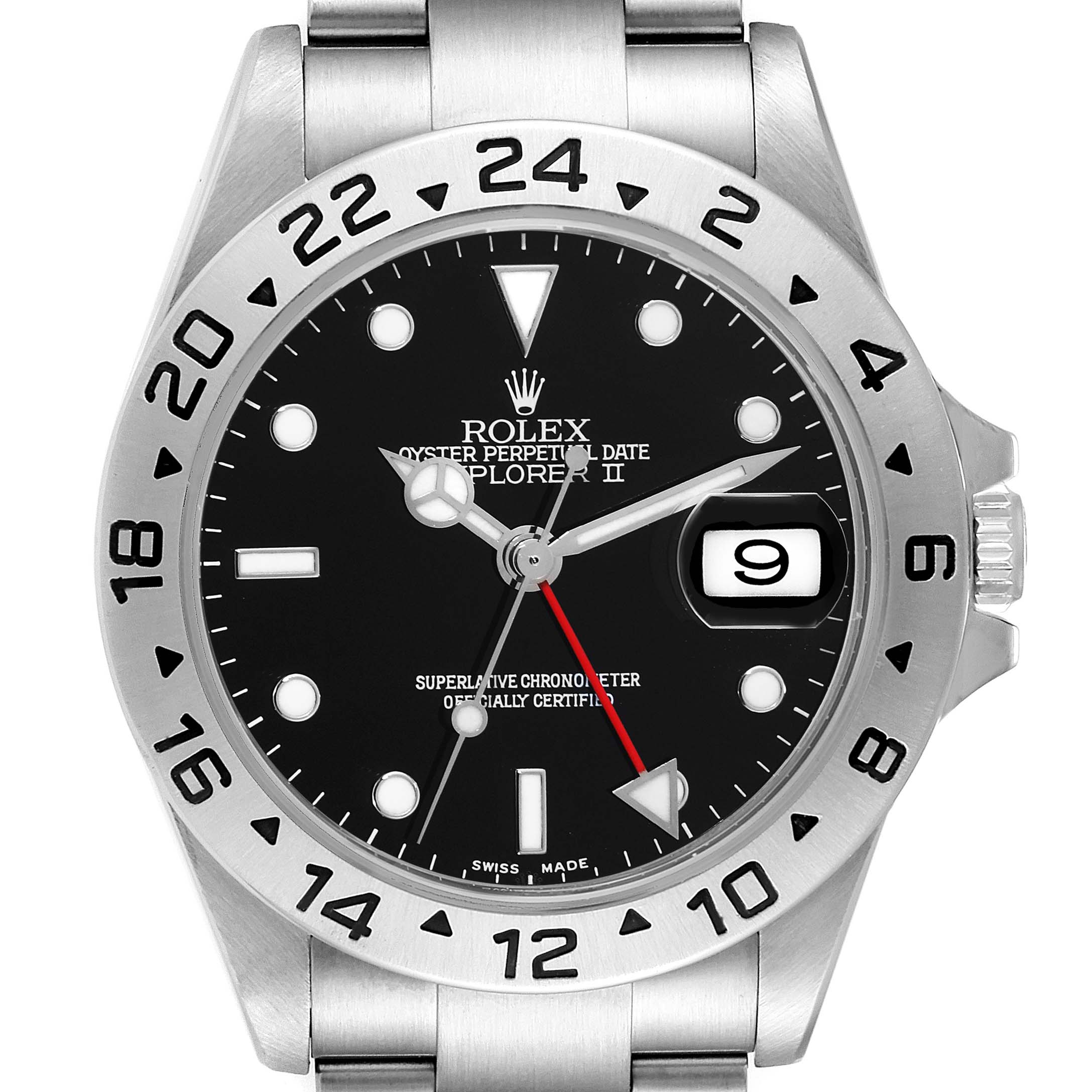 This image shows a front view of the Rolex Explorer 16570 Men's Stainless Steel Black Dial 16570 Men's Stainless Steel Black Dial watch, displaying the dial, bezel, and part of the bracelet.