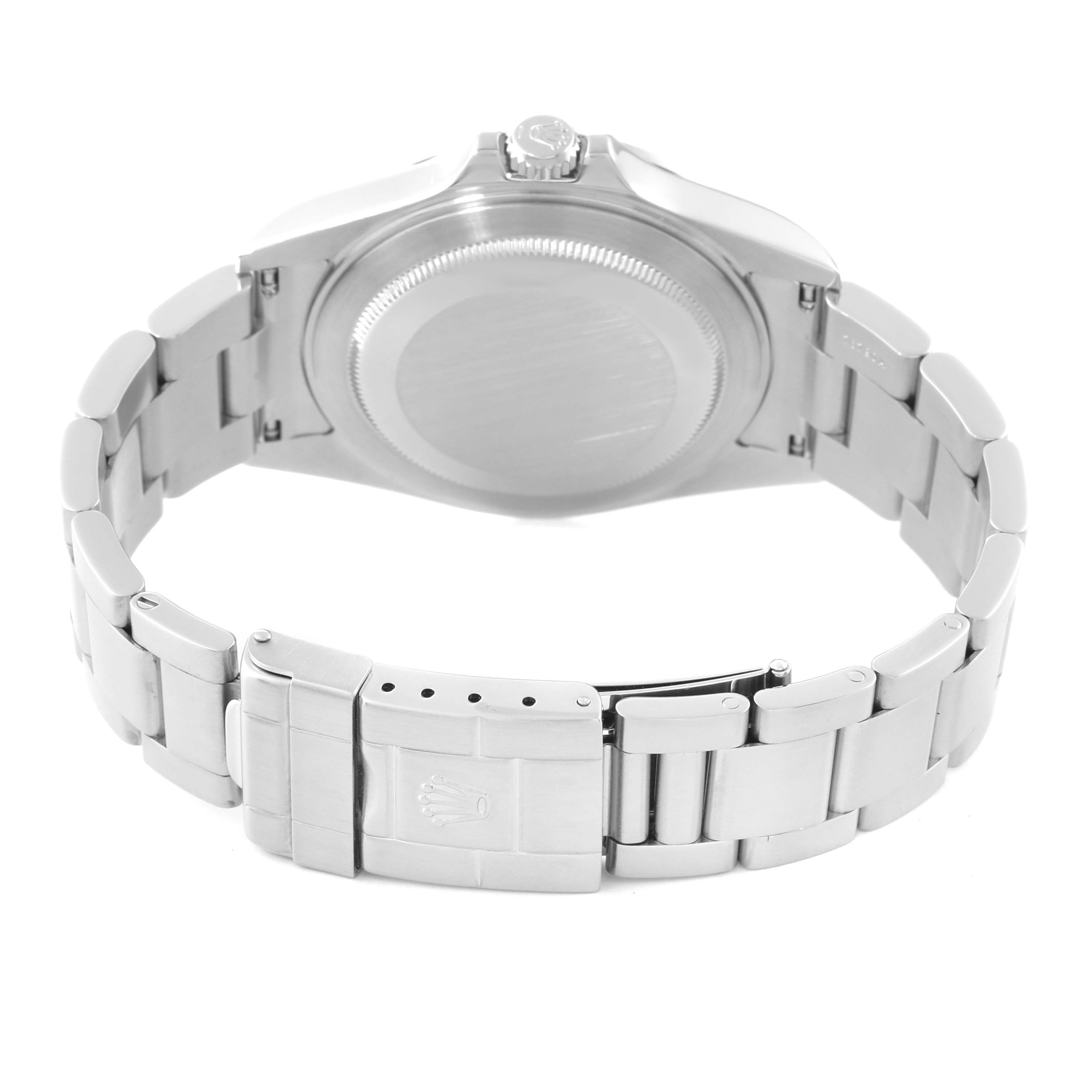 The image shows the back view of a Rolex Explorer 16570 Men's Stainless Steel Black Dial 16570 Men's Stainless Steel Black Dial watch, highlighting the case back and clasp of the bracelet.