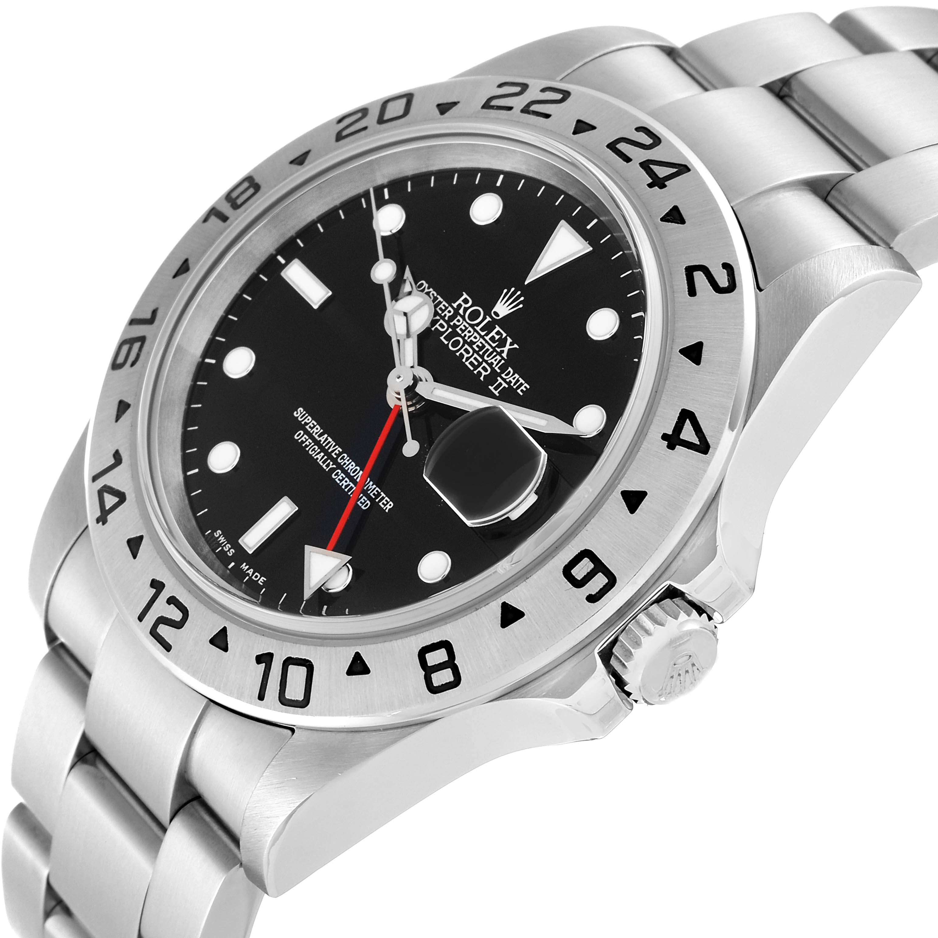 The image shows an angled view of the Rolex Explorer 16570 Men
s Stainless Steel Black Dial 16570 Men
s Stainless Steel Black Dial II, highlighting its dial, bezel, bracelet, and crown.