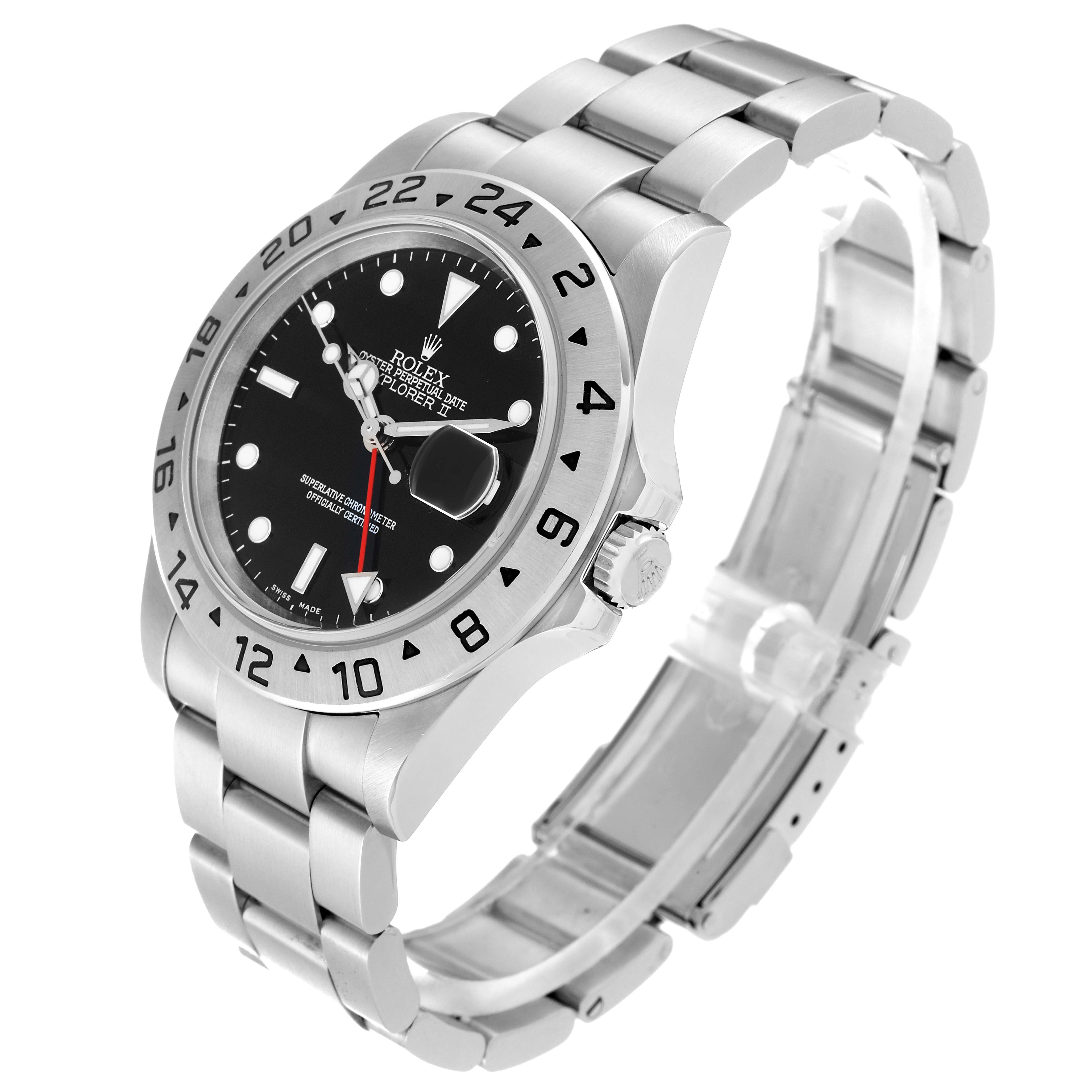 The image shows a side angle of a Rolex Explorer 16570 Men
s Stainless Steel Black Dial 16570 Men
s Stainless Steel Black Dial watch, highlighting the face, bezel, crown, and metal bracelet.