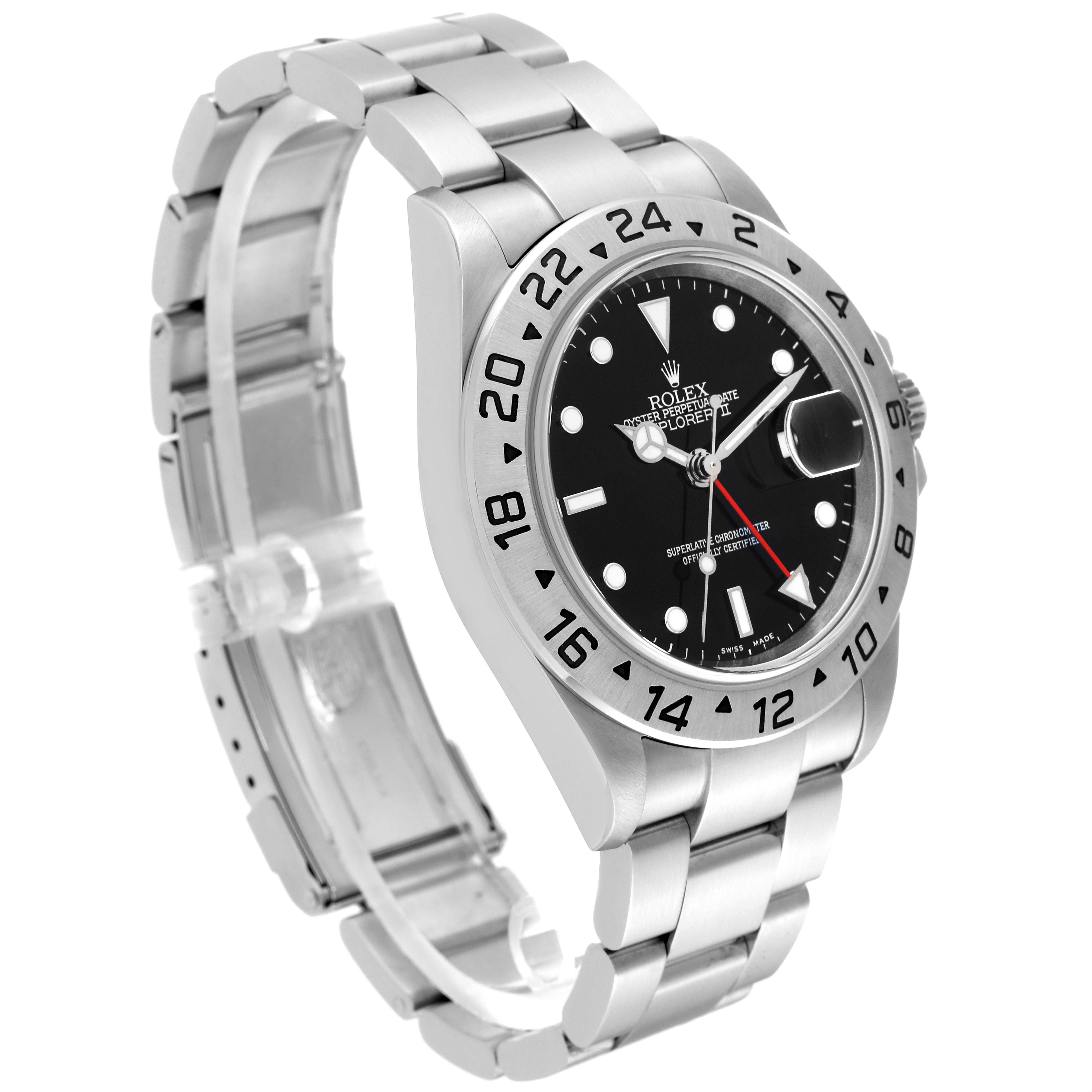 The Rolex Explorer 16570 Men
s Stainless Steel Black Dial 16570 Men
s Stainless Steel Black Dial watch is shown at a slight top angle, displaying its black dial, silver bracelet, and numbered bezel.