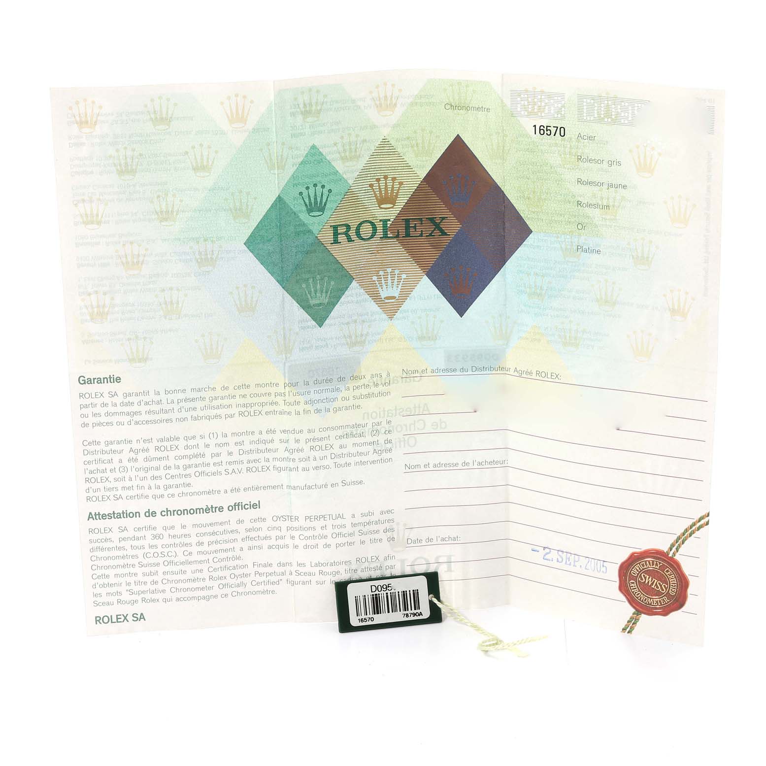 The image shows the warranty card and tag for the Rolex Explorer 16570 Men
s Stainless Steel Black Dial 16570 Men
s Stainless Steel Black Dial model, displayed flat with tags attached.