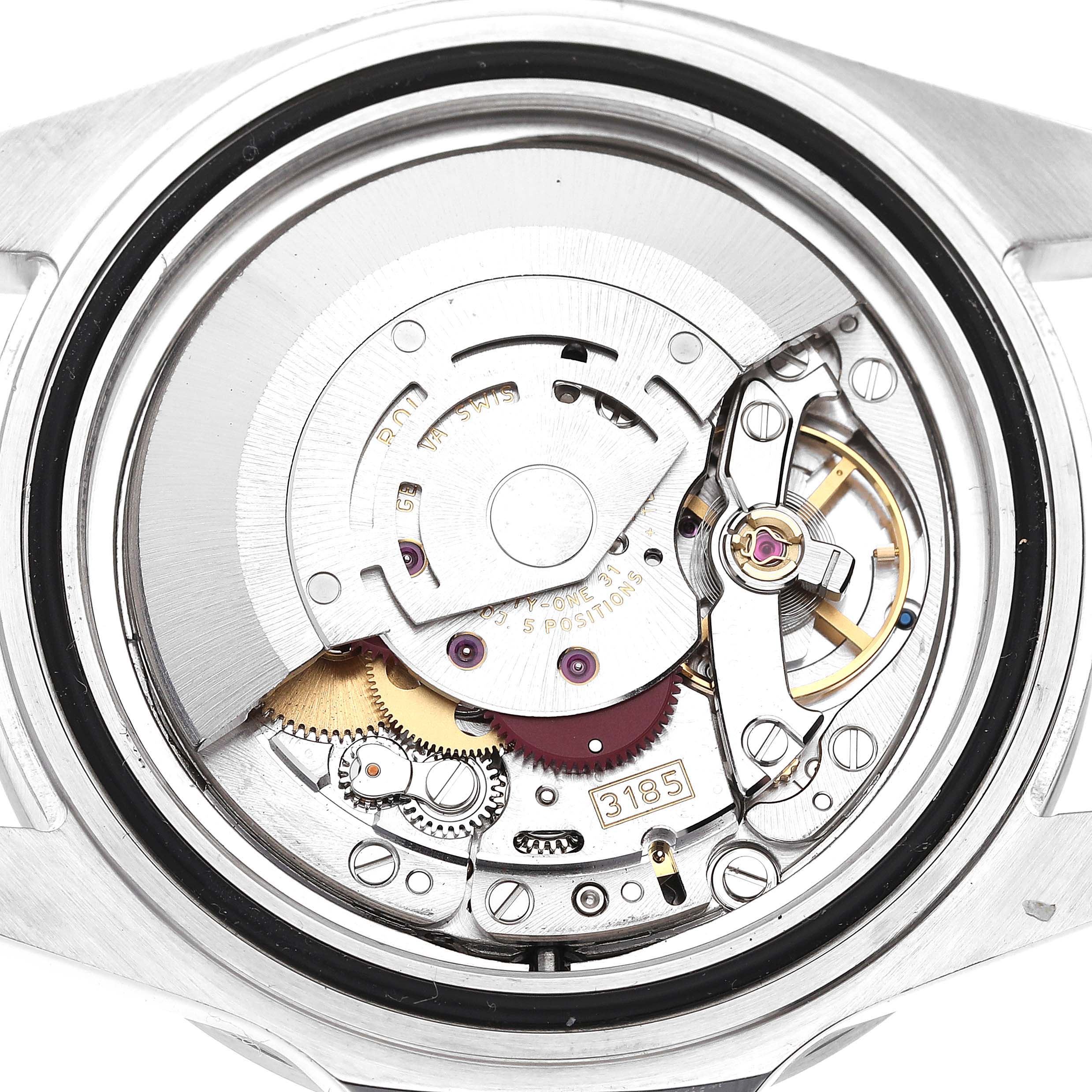 This image shows the inner mechanical movement of a Rolex Explorer 16570 Men
s Stainless Steel Black Dial 16570 Men
s Stainless Steel Black Dial watch with a focus on its intricate components and gears.