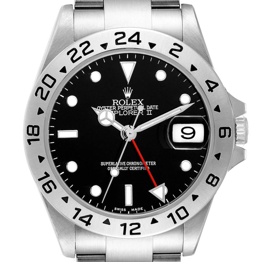 This Rolex Explorer II watch is shown from a front angle, highlighting its dial, bezel, crown, and bracelet.