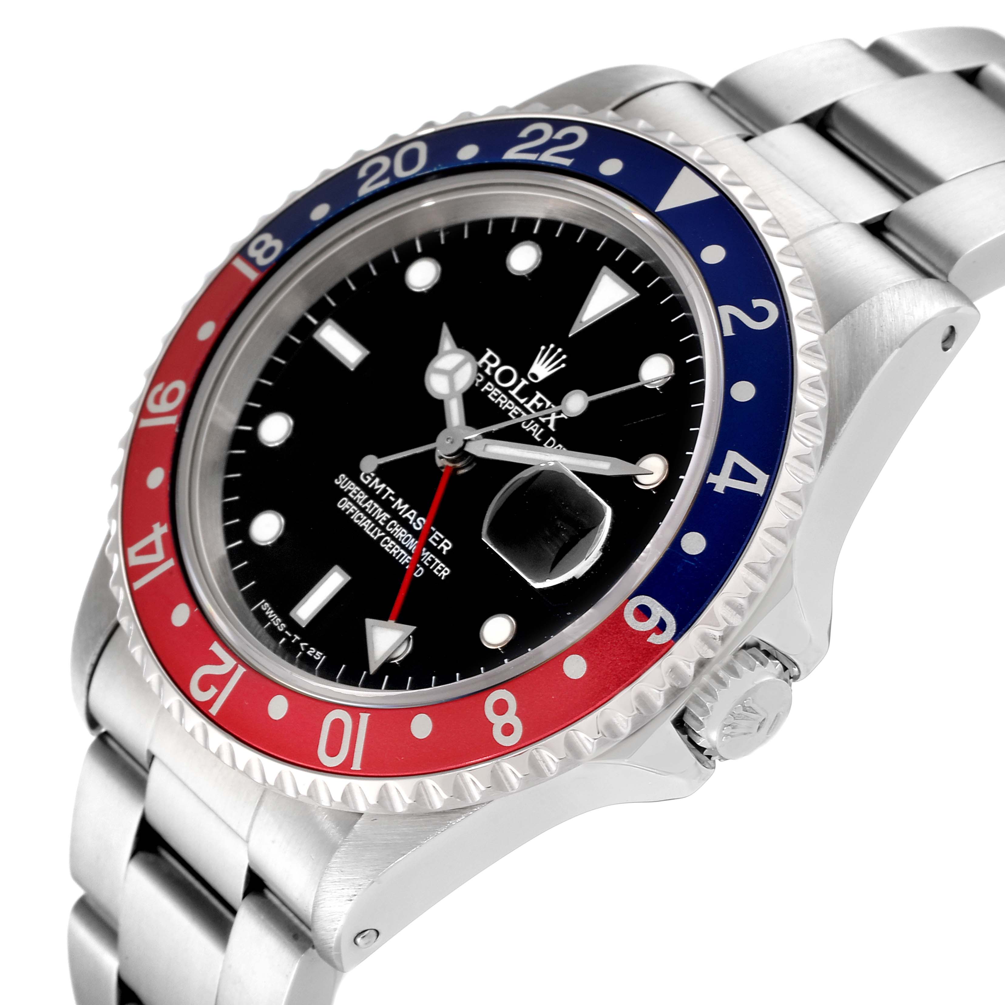 This image shows a close-up of the Rolex GMT-Master 16700 Men's Stainless Steel Black Dial 16700 Men's Stainless Steel Black Dial watch face and bezel from a slight side angle.